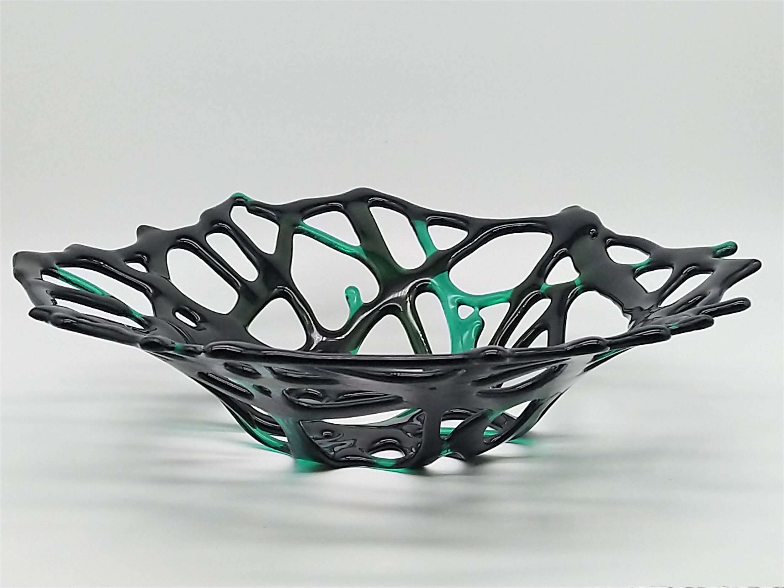 2 colour black and green spiderweb style bowl, unique design glass art, Coral bowl