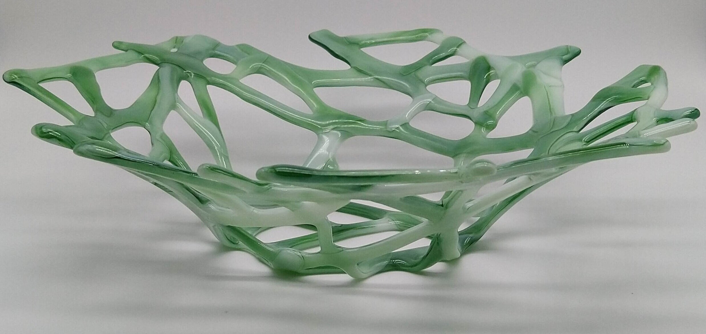 Pastel green 2 colour spiderweb style bowl, unique design glass art, Coral bowl