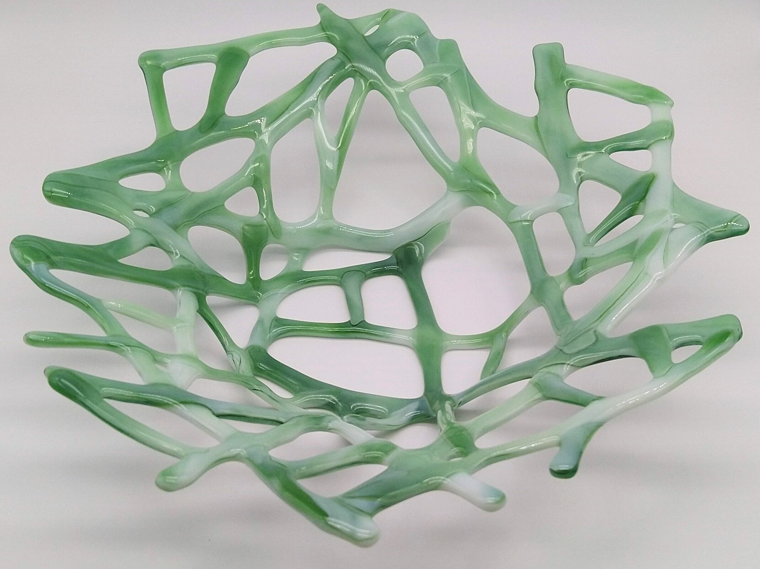 Pastel green 2 colour spiderweb style bowl, unique design glass art, Coral bowl