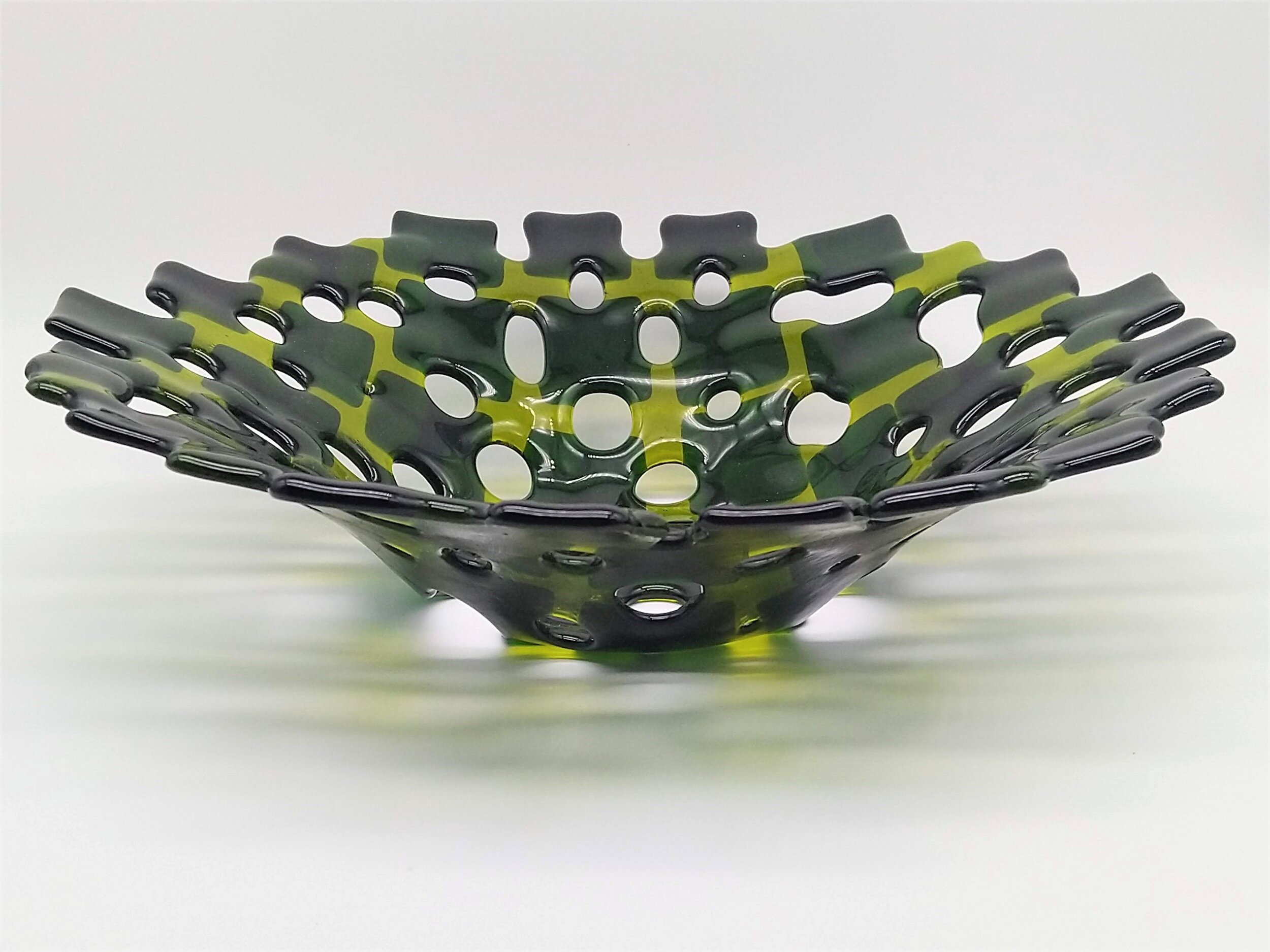 Light and dark green checkerboard style coral bowl, unique design glass art, Coral bowl