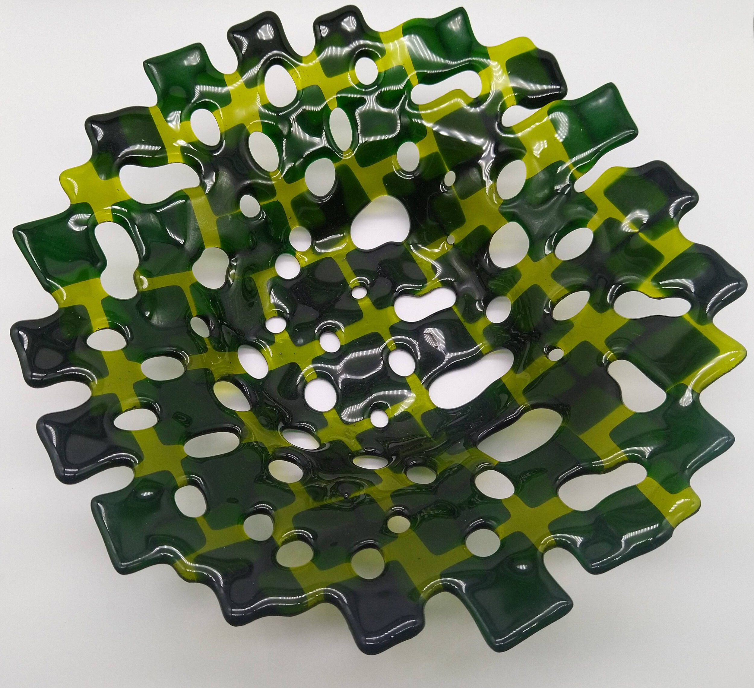 Light and dark green checkerboard style coral bowl, unique design glass art, Coral bowl