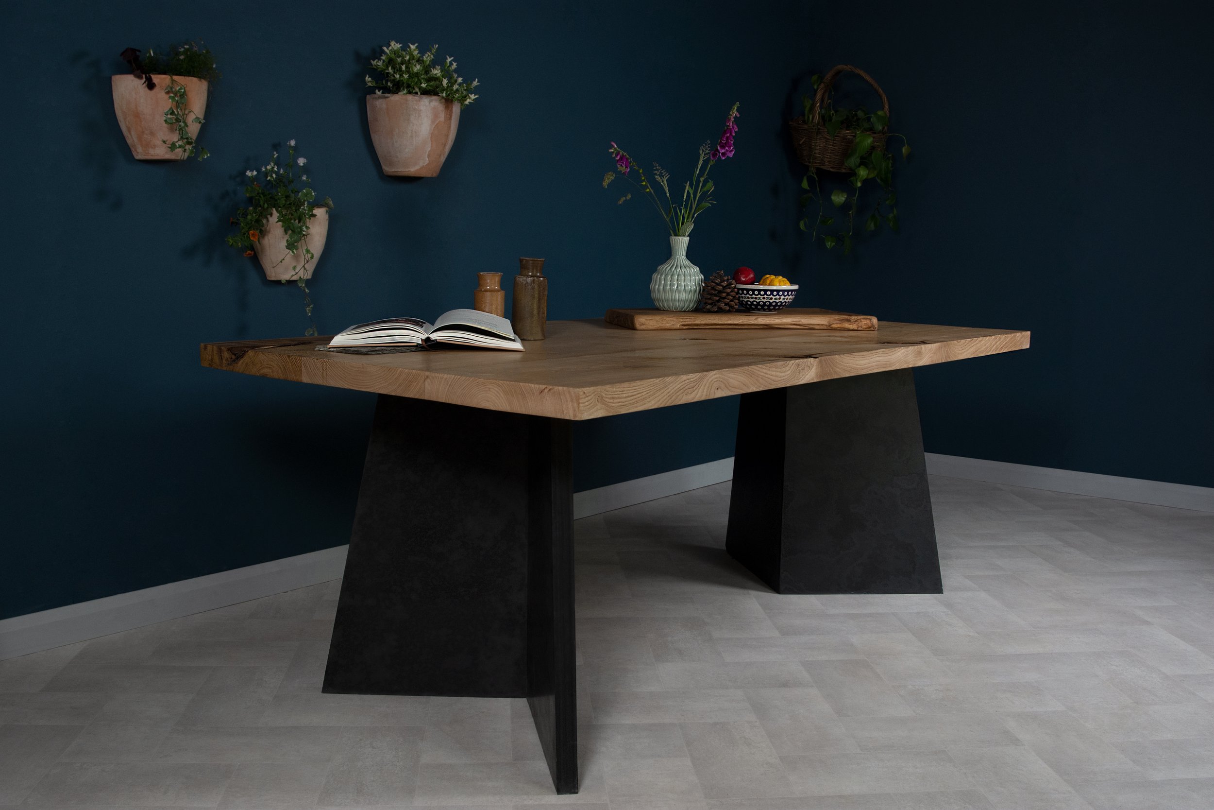 Stunning live edge large oak wood and slate kitchen and dining table
