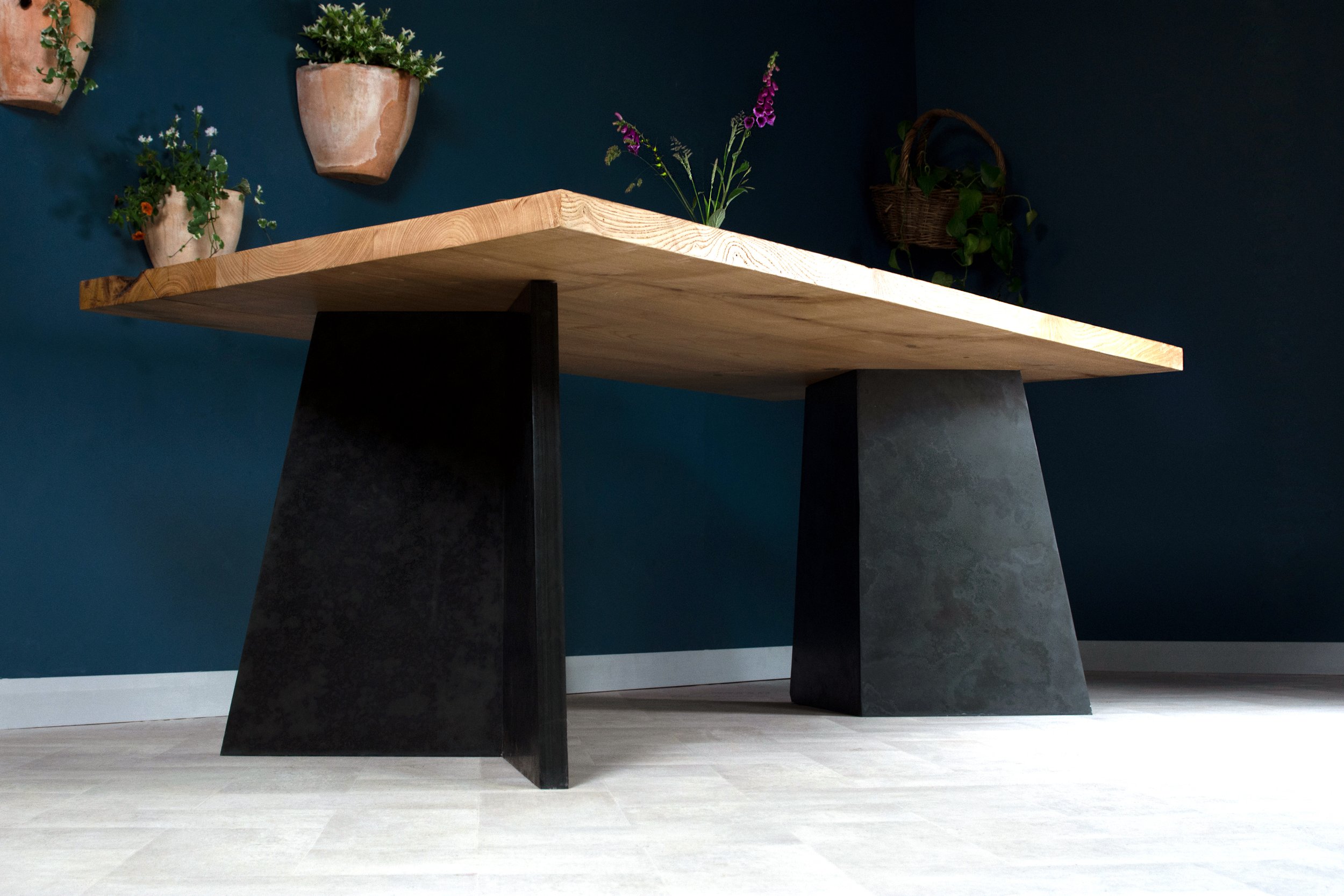 Stunning live edge large oak wood and slate kitchen and dining table