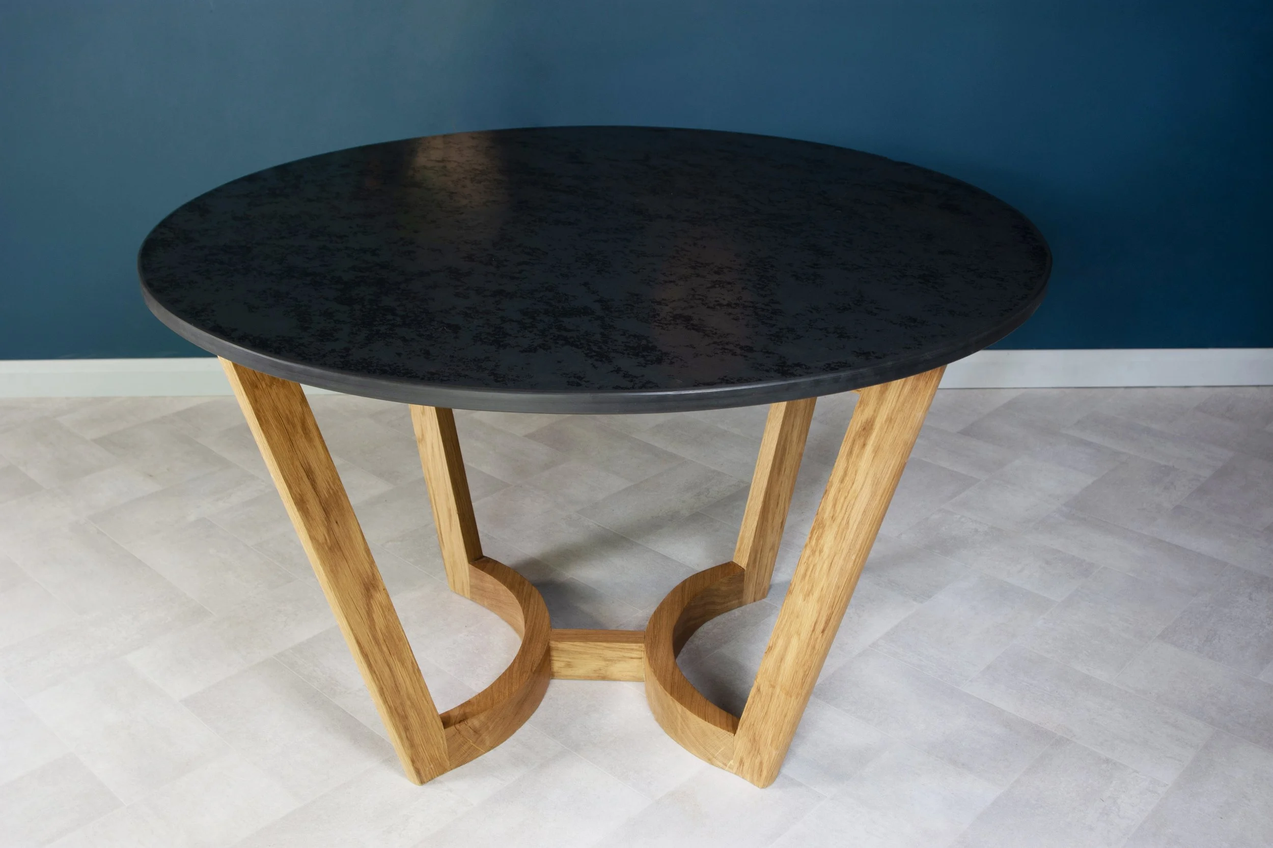 Illand round slate and oak kitchen and dining table