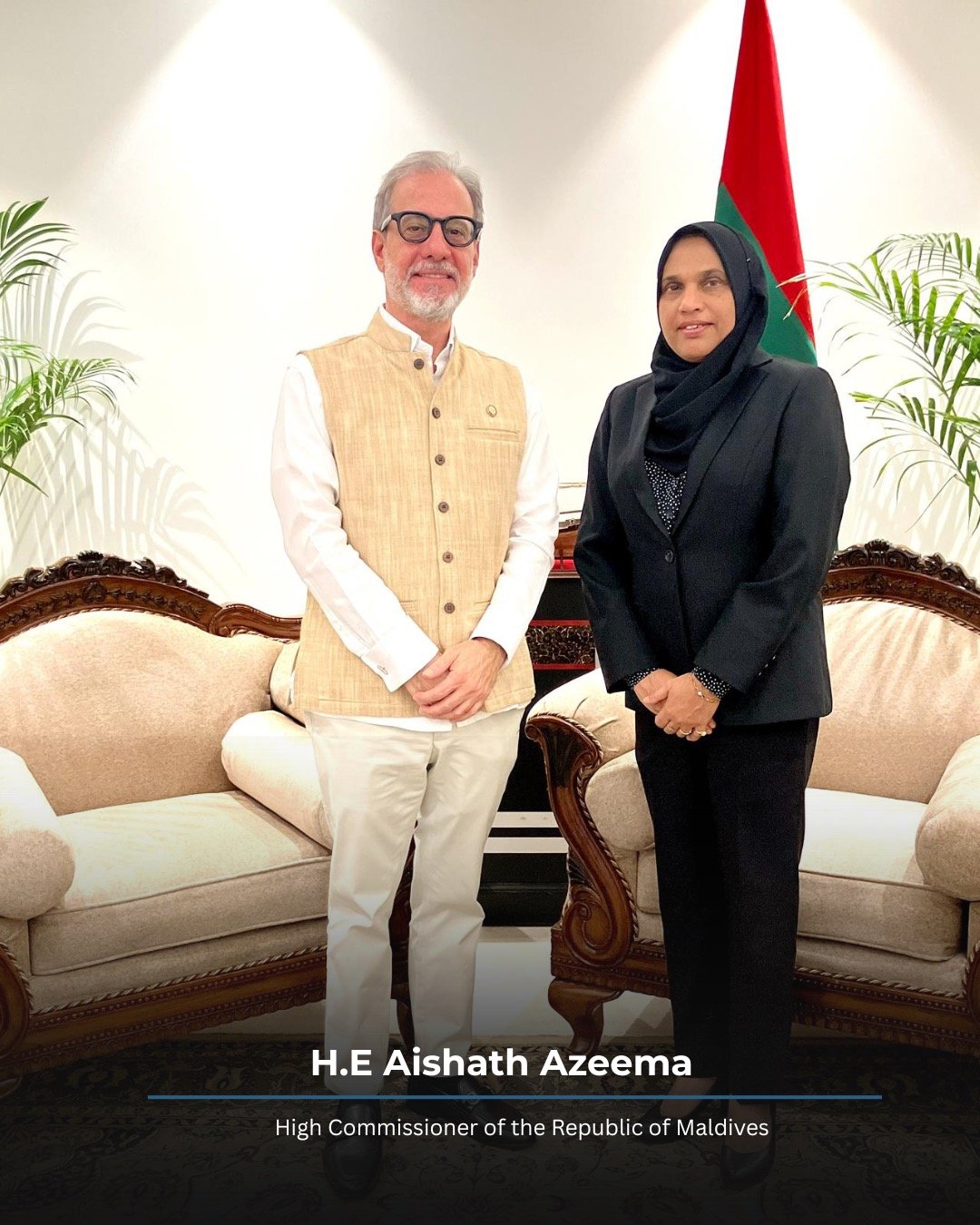H.E. Francisco Compr&eacute;s H., Ambassador of the Dominican Republic to India, paid a courtesy call on H.E. Aishath Azeema, High Commissioner of the Republic of Maldives to India.

The meeting, held in New Delhi, served as an opportunity to exchang