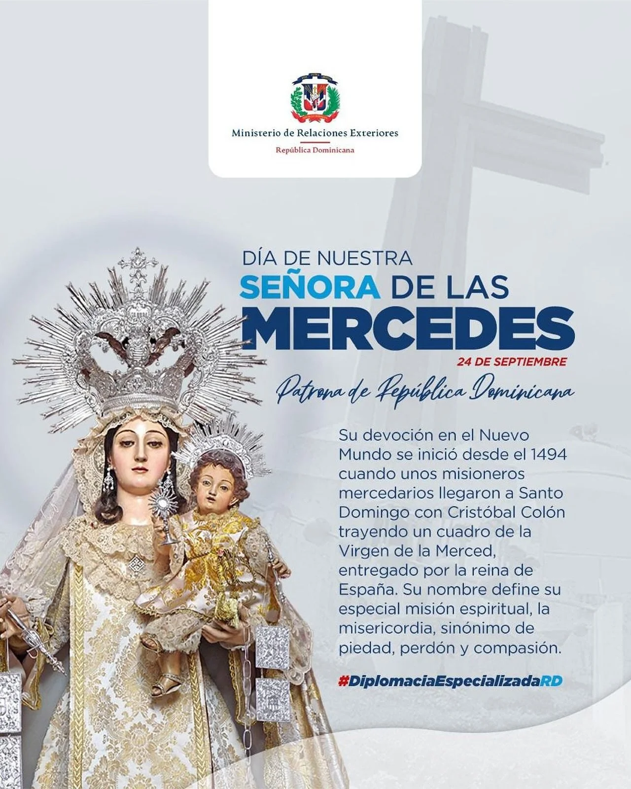 ⛪ Hoy, 24 de septiembre de 2025, conmemoramos la fiesta de la patrona espiritual de Rep&uacute;blica Dominicana 🇩🇴: Nuestra Se&ntilde;ora de las Mercedes.

La Virgen de la Mercedes es madre y gu&iacute;a espiritual de miles de fieles que profesan l