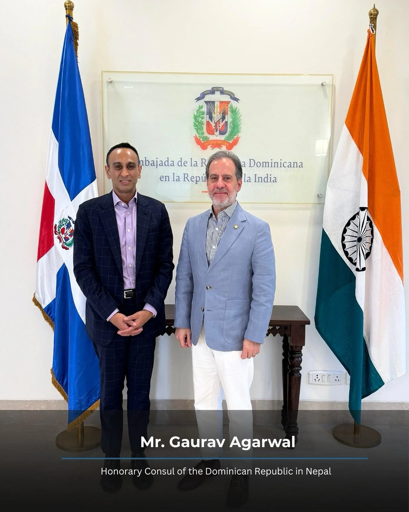 It was a true pleasure for Ambassador Francisco Compr&eacute;s H. to receive the Honorable Mr. Gaurav Agarwal, Honorary Consul of the Dominican Republic in Nepal, on a courtesy visit.

The meeting offered a valuable opportunity to strengthen coordina