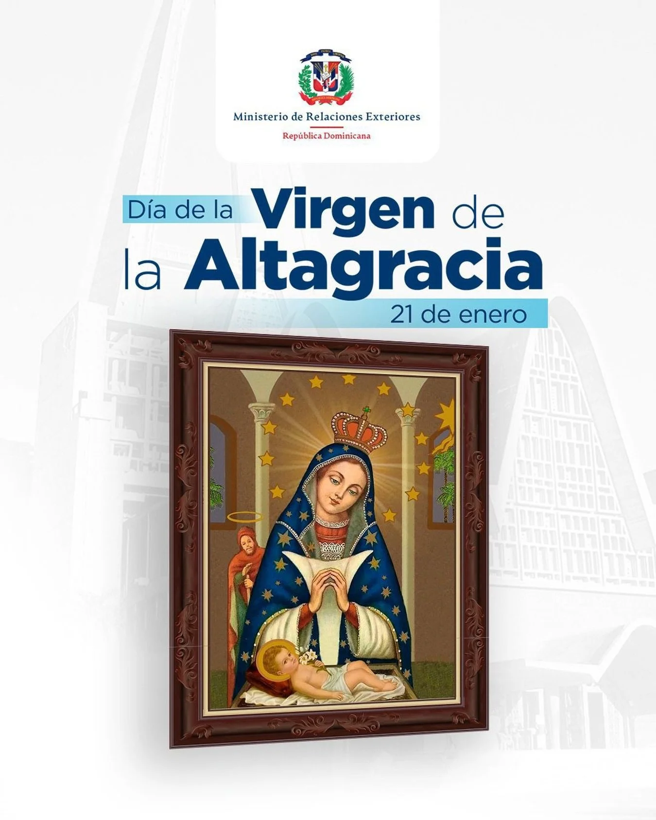 ⛪️ En este d&iacute;a de profunda devoci&oacute;n, el pueblo dominicano honra a Nuestra Se&ntilde;ora de la Altagracia, Madre Espiritual y Protectora de la Rep&uacute;blica Dominicana. Su imagen simboliza fe, esperanza y unidad, valores que nos inspi