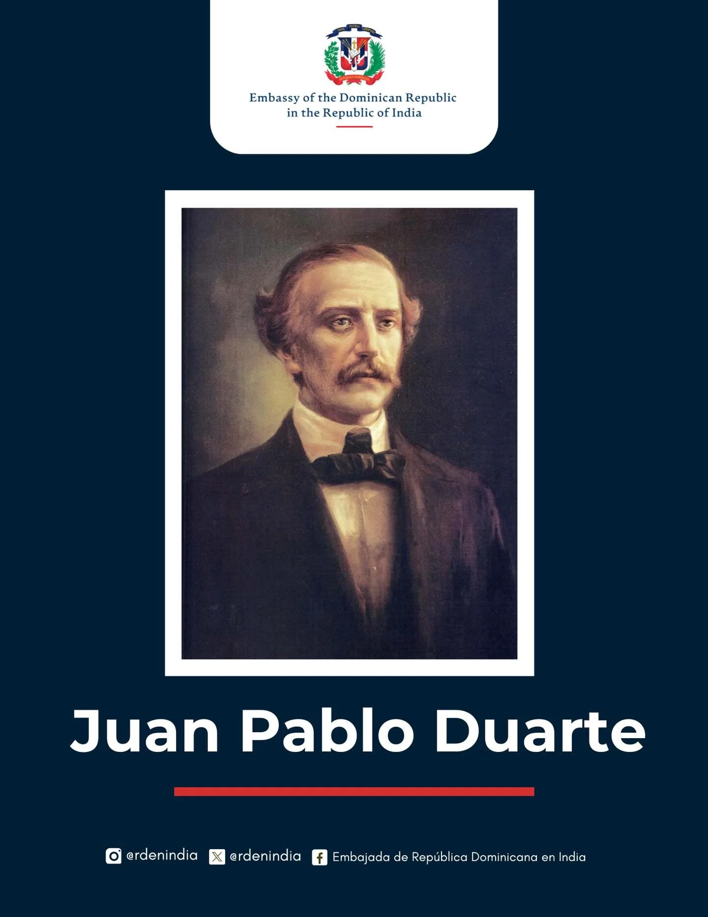 🇩🇴 Juan Pablo Duarte y D&iacute;ez (1813&ndash;1876) was the principal ideologue of the Independence of the Dominican Republic and the main architect of its republican thought.

He was born on January 26, 1813, in Santo Domingo, at a time when the 