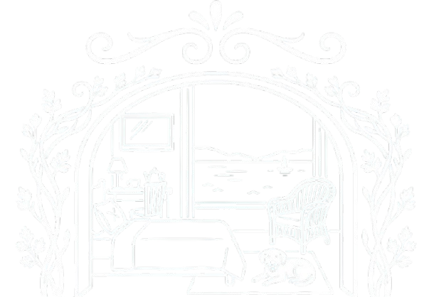 Interior of a bedroom with a view of a lake and mountains through a large window, with furniture including a bed, a chair, a desk with a lamp, and a dog lying on the floor.