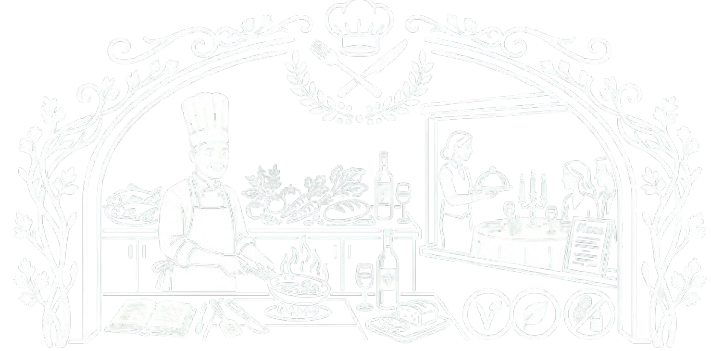 Chalkboard drawing of a chef cooking in a kitchen, with restaurant staff taking orders at the counter, surrounded by decorative floral and culinary symbols.