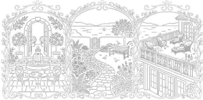 Black and white illustration of three sections: a garden patio with a table and chairs, a scenic view with a pathway, trees, and a body of water, and a balcony scene with three people sitting and talking.