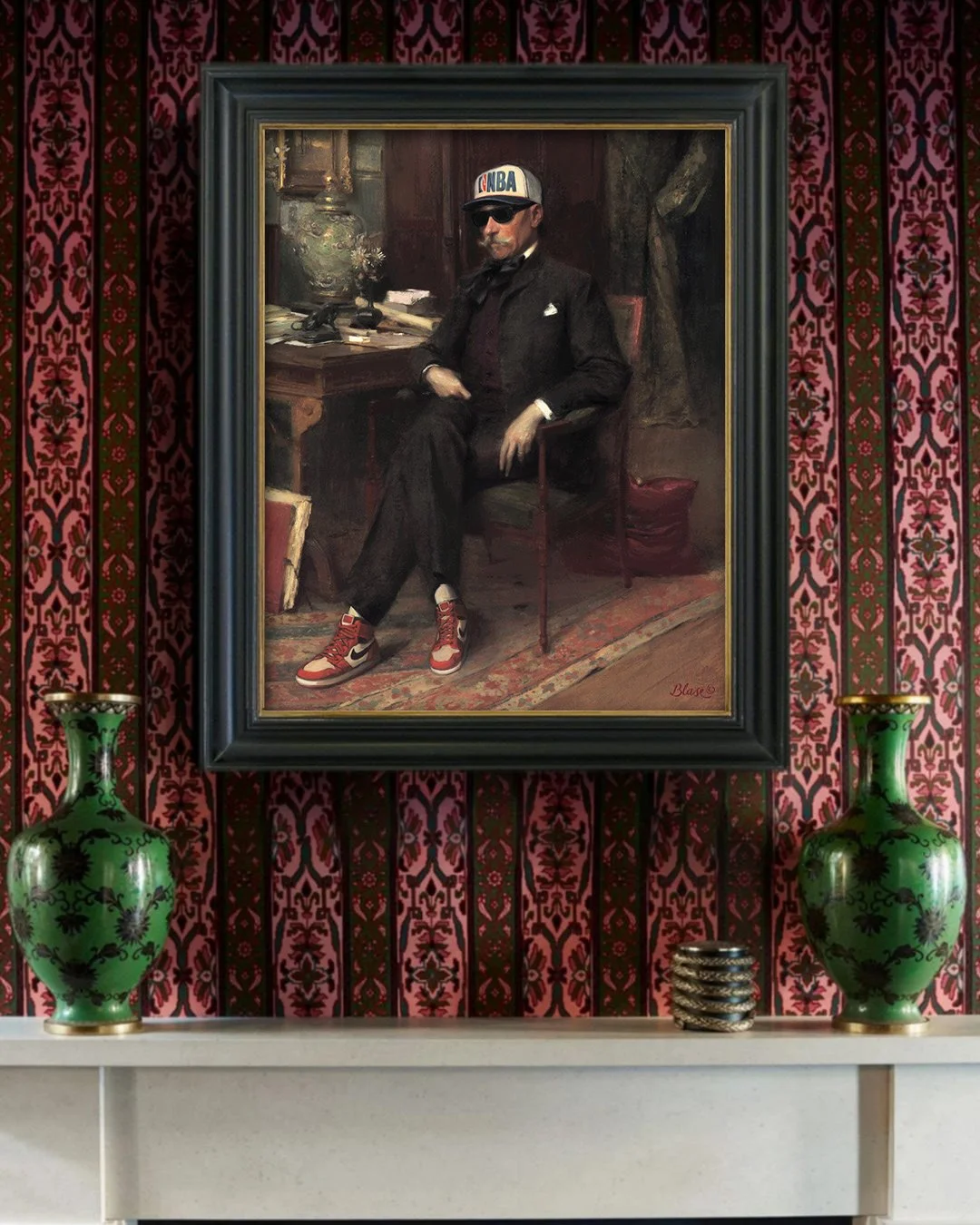 Chasing It” by Blase. Altered antique painting exploring NBA nostalgia, sneaker culture and obsession through collectible Air Jordan