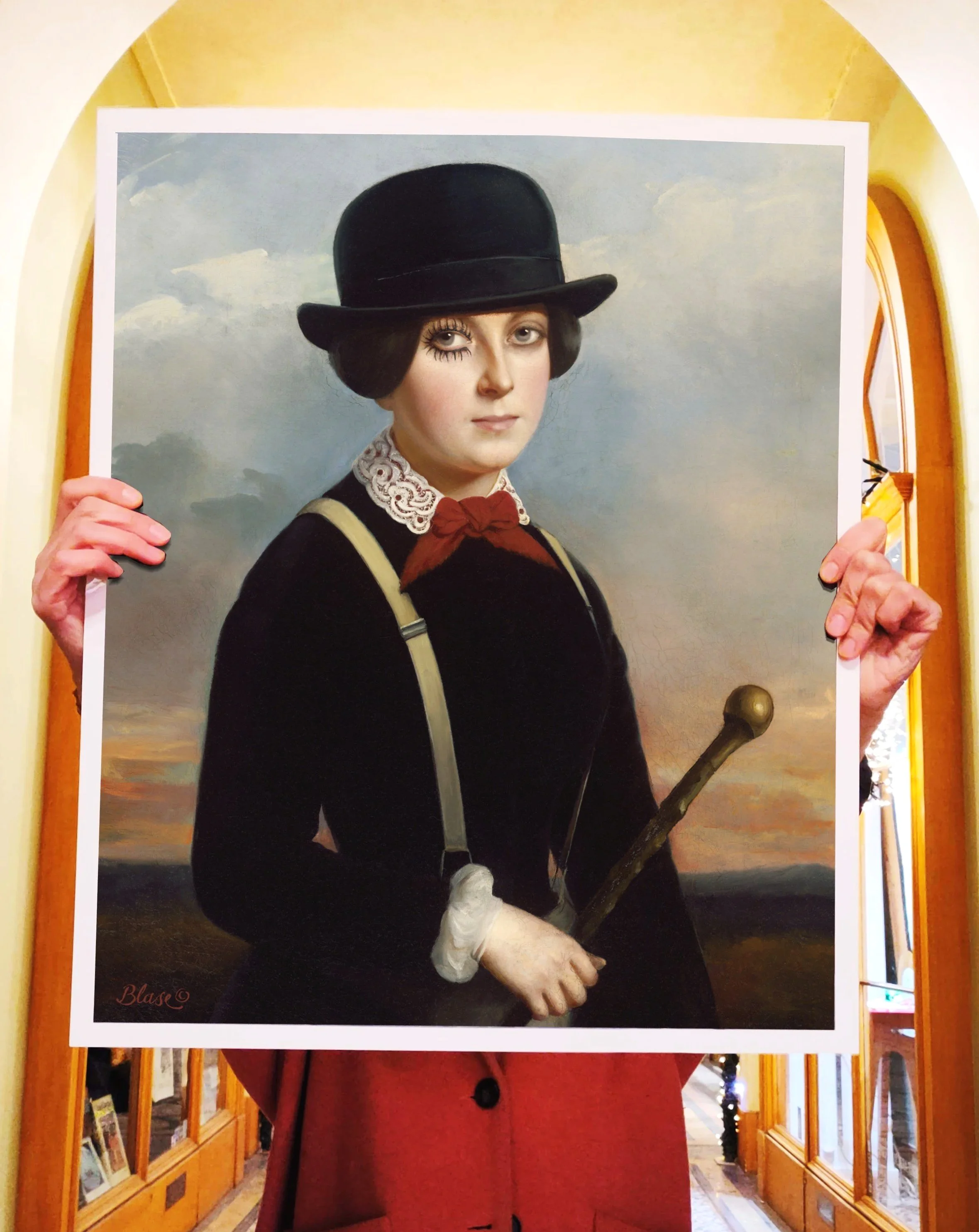 Person holding a large portrait of a woman in historical attire from clockwork orange movie picture, with a sunset landscape background.