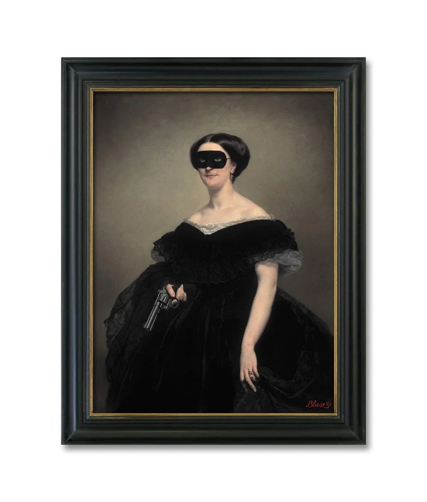 Altered antique portrait featuring a masked widow holding a revolver by Blase