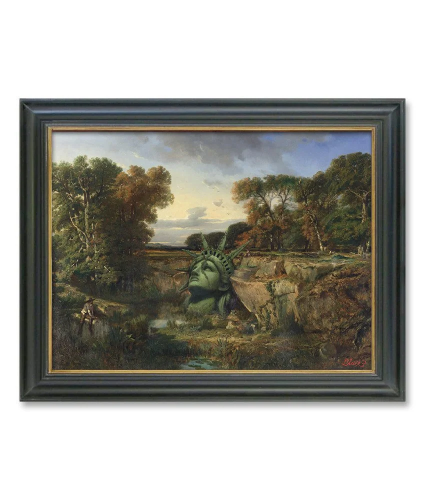 Altered antique landscape featuring the buried head of the Statue of Liberty by Blase