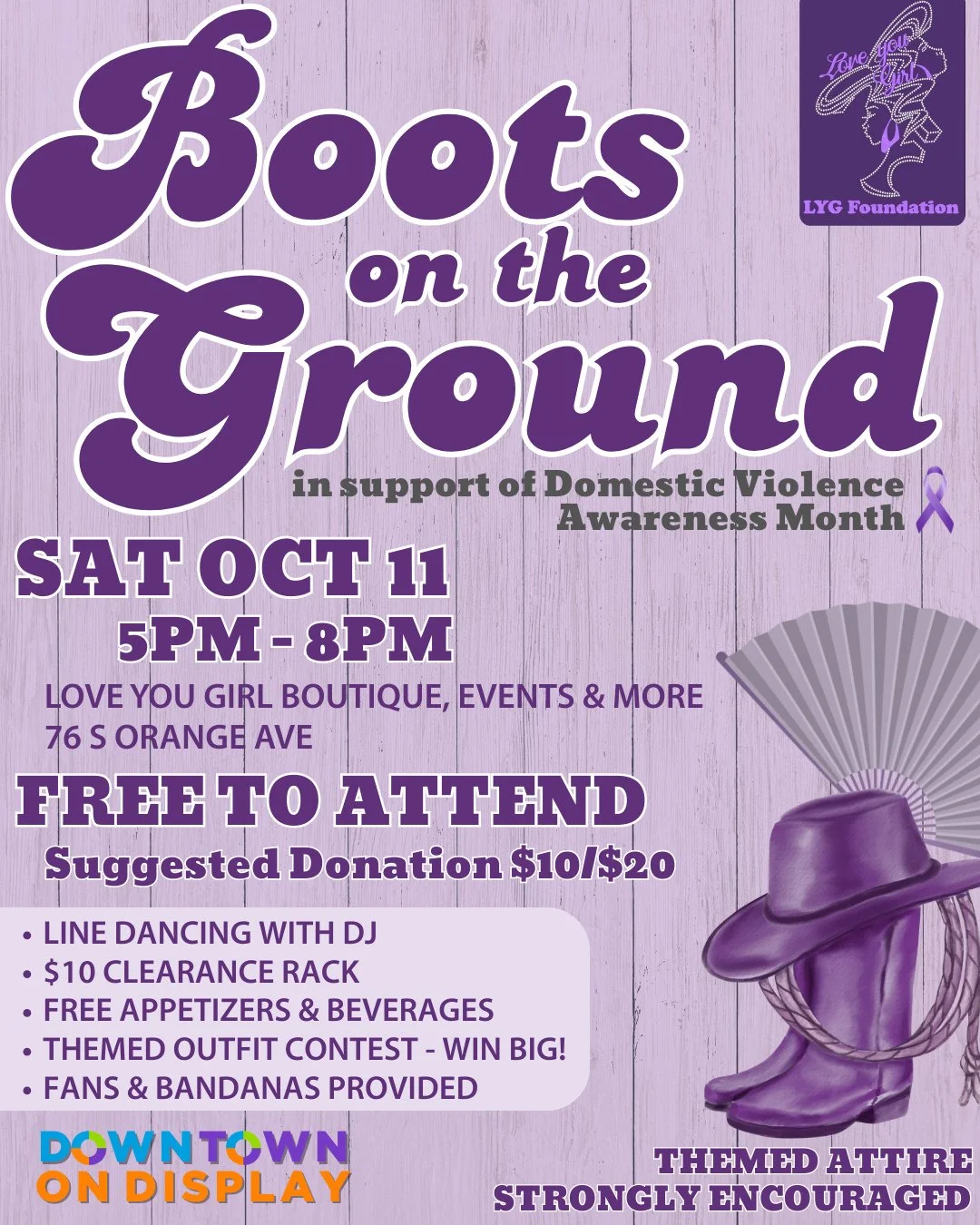 👢Join us this Saturday, October 11 from 5&ndash;8 PM at Love You Girl Foundation Boutique Events &amp; More (76 S. Orange Ave, entrance on Valley St. side) for Boots on The Ground in support of Domestic Violence Awareness Month⁠
⁠
✍️ RSVP required &