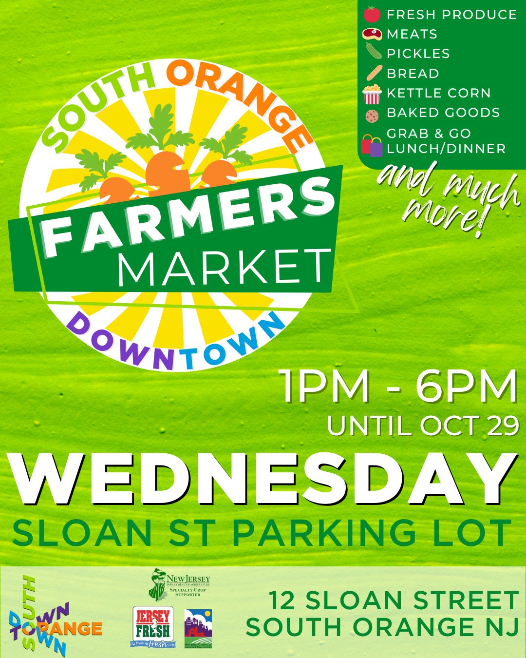 The South Orange Farmers Market is on TODAY, rain or shine Wednesday, October 22 from 1–6PM 🍎🥖🫑 Some vendors will stay open a little later until 6:30PM!
🛒 It’s the last month of the market season so don’t miss your chance to