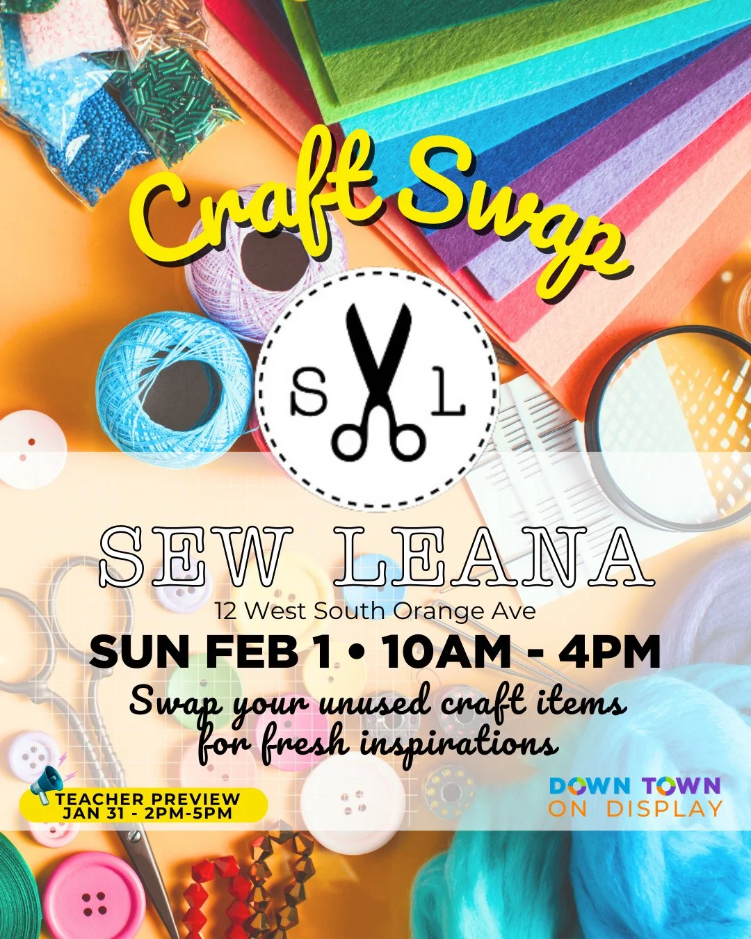 🧶 Swap your unused craft items for fresh inspiration 🧵 Join Sew Leana for the 3rd Annual Craft Swap on Sun Feb 1st 10AM - 4PM⁠
⁠
Never got to that DIY project? Drop off your unused craft supplies and give them a new life.⁠
📅 Item Drop Off Dates an