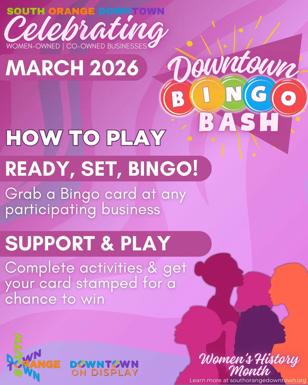 Get your Downtown Bingo Bash on! Are you playing yet?⁠
⁠
🙌You can get a BINGO in just one day while exploring South Orange and supporting the incredible women-owned and co-owned businesses in our downtown.⁠
⁠
Grab a Bingo card, visit participating s