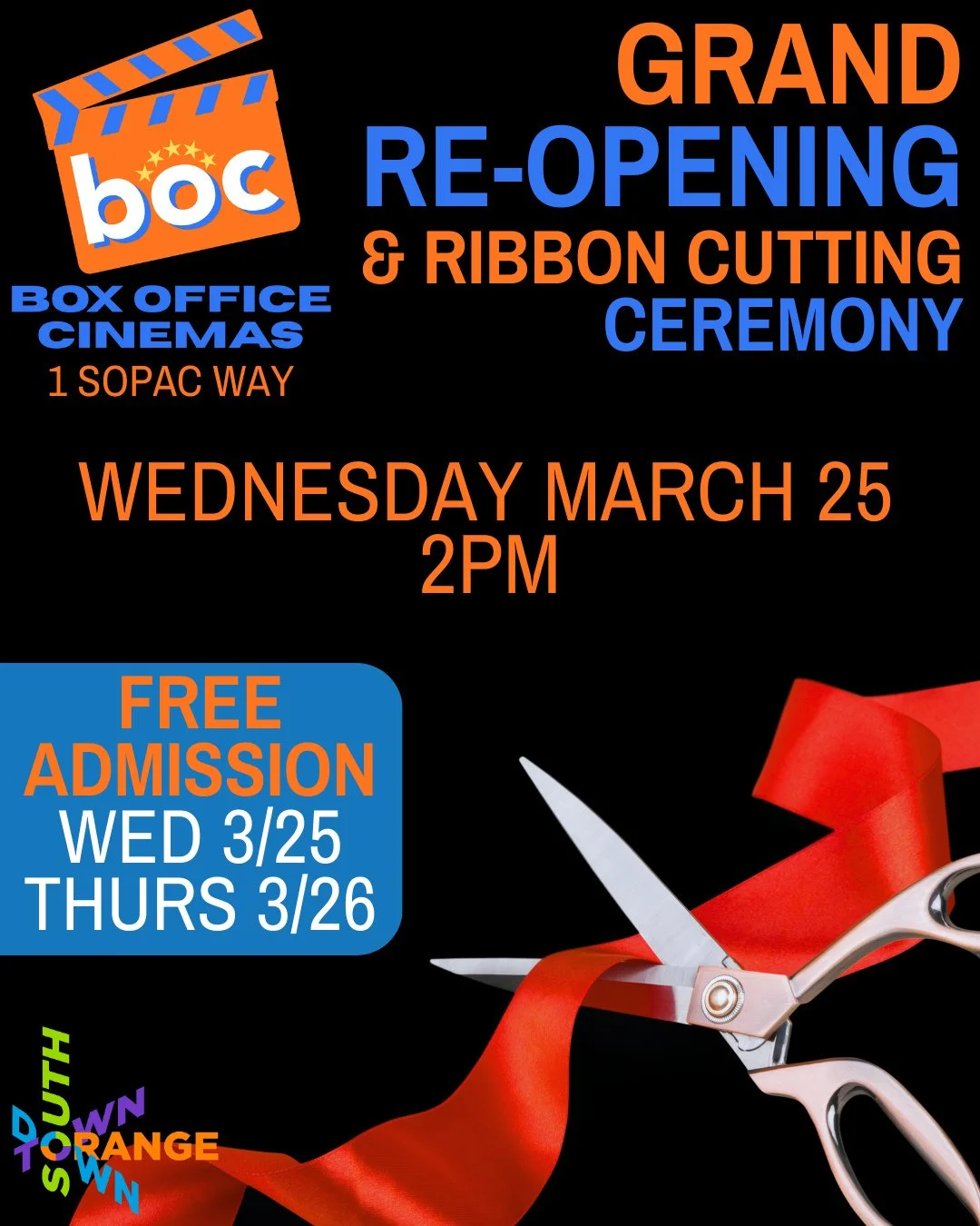 🎬️Join us for a ribbon cutting celebrating the reopening of the movie theater at SOPAC with its new operator, Box Office Cinemas TODAY Wed March 25 at 2PM at 1 SOPAC Way ✂️⁠
⁠
🍿With more than 40 years of experience and locations across New York and