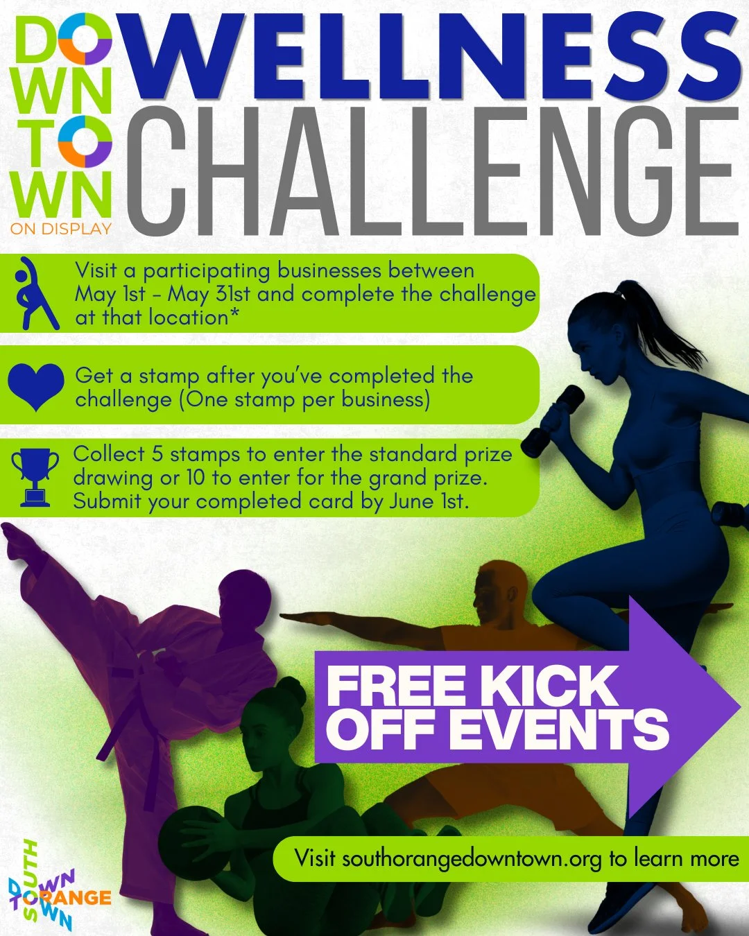 ⁠🏋️&zwj;♂️ Introducing the Downtown Wellness Challenge (May 1&ndash;31)⁠
Join us to explore local wellness spots, try something new, and earn stamps for a chance to win prizes 🏆️⁠
⁠
🌟 HOW IT WORKS⁠
&bull; Grab a challenge card at a participating b