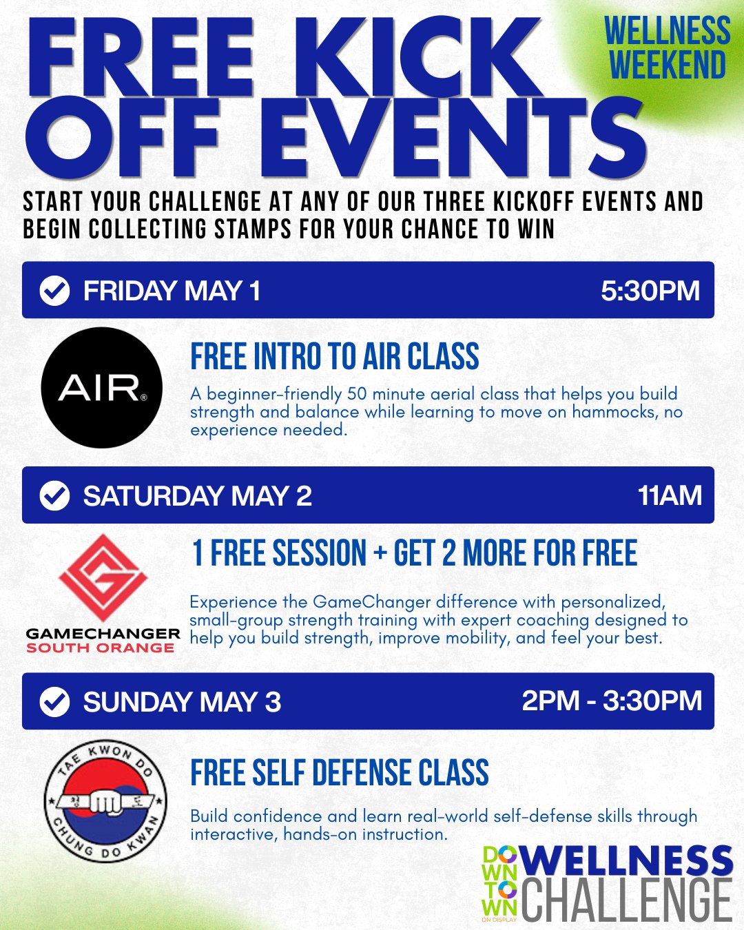 The Downtown Wellness Challenge starts TODAY, FRI MAY 1ST! Don't miss out on this FREE Kickoff Weekend to get your first round of stamps and enter to win!⁠
⁠
Friday, May 1 at 5:30PM: AIR Aerial Fitness Studio 15 Valley Street⁠
50 min Intro to AIR cla