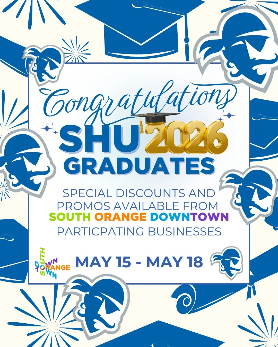 🎓 Congratulations to Seton Hall, class of 2026 ✨⁠
⁠
Celebrate Graduation Weekend in South Orange from May 15&ndash;18 with special discounts, deals, and dining offers from local businesses for grads and their families ❤️🍽️🛍️⁠
⁠
Graduates, make the