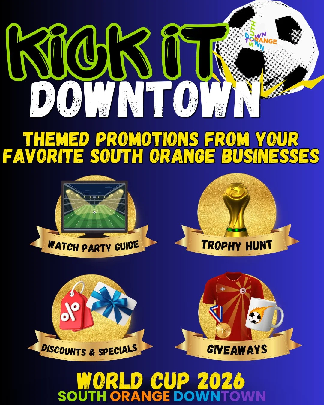 ⚽ Kick It Downtown this summer 🌎 ⬇️⁠
⁠
The World Cup excitement is coming and South Orange Downtown is getting ready to celebrate with watch parties, a trophy hunt, photo ops, themed specials, giveaways, and so much more throughout downtown 🏆️⁠
⁠
I