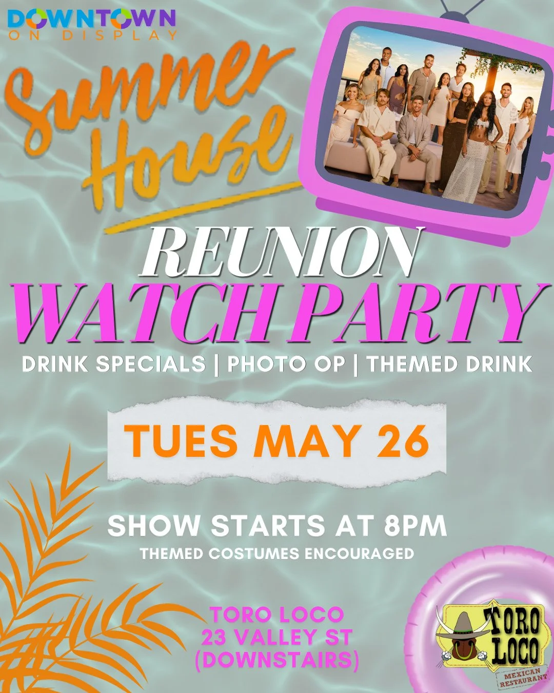If you thought this season was messy&hellip;just wait for the reunion🍿👀⁠
⁠
Grab your fellow Summer House obsessed friends for the reunion watch party at Toro Loco 🌴🍹 Expect drink specials, a fun photo op, a themed drink, and all the yelling, side