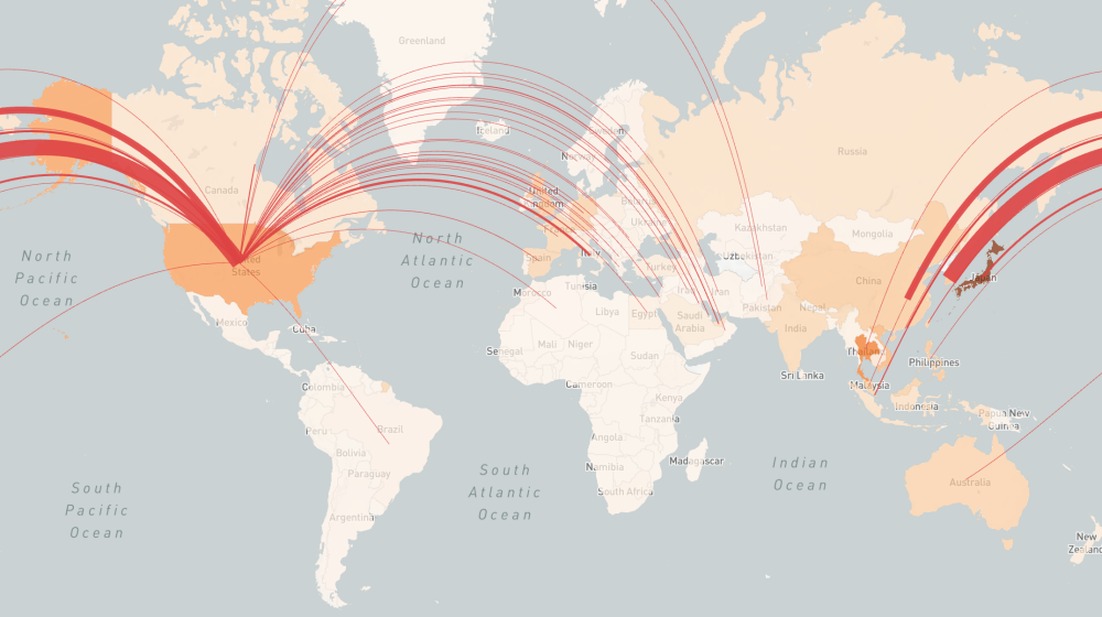 A map showing flights out of the U.S. and China during the Covid-19 outbreak.