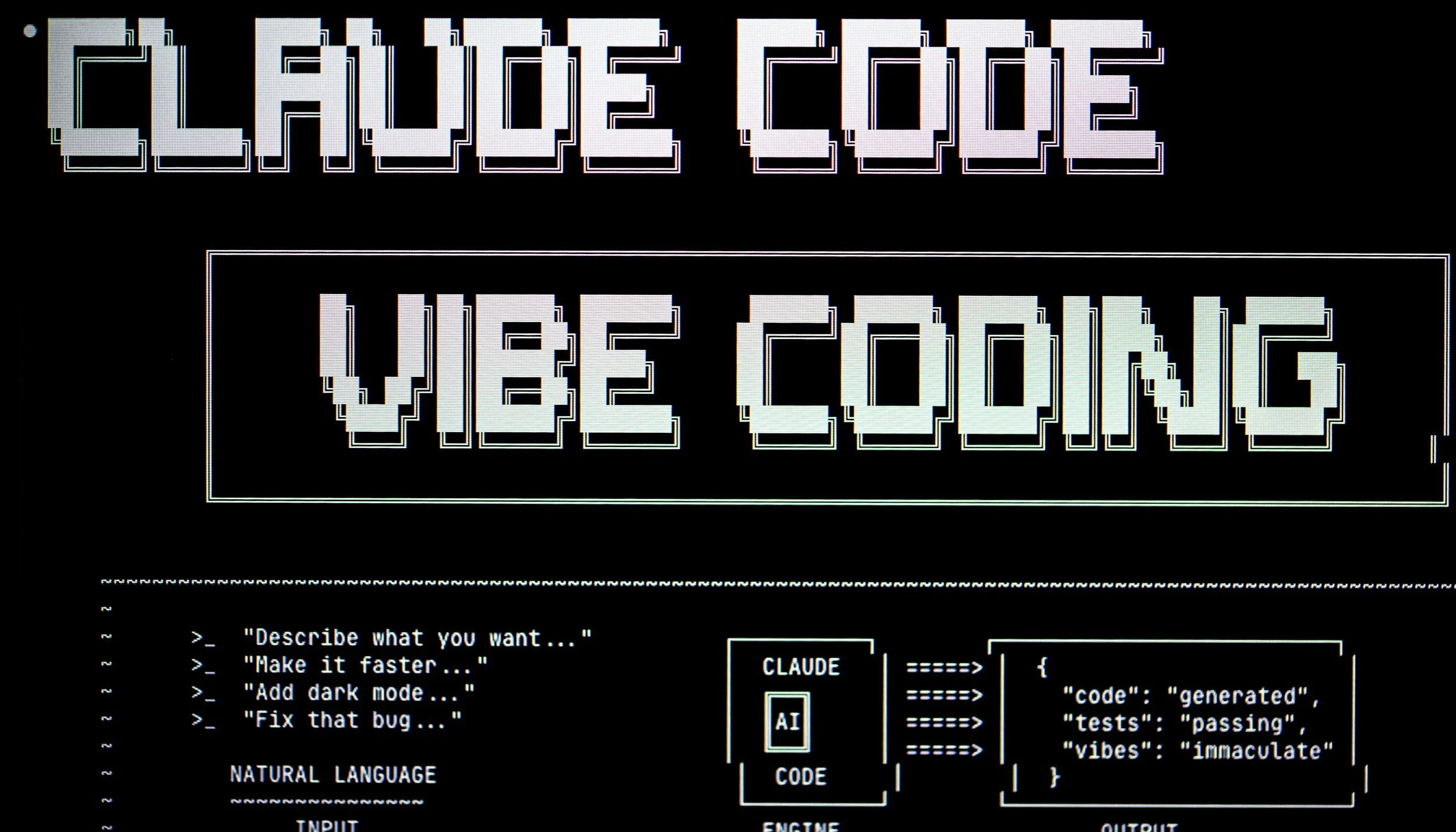 A computer screen displaying the text 'CLOUD CODE' in pixelated, 3D-style font at the top, with a black background. Below the title, there appears to be a coding or command interface with options for natural language input, code, engine, and output, along with example commands and code snippets.