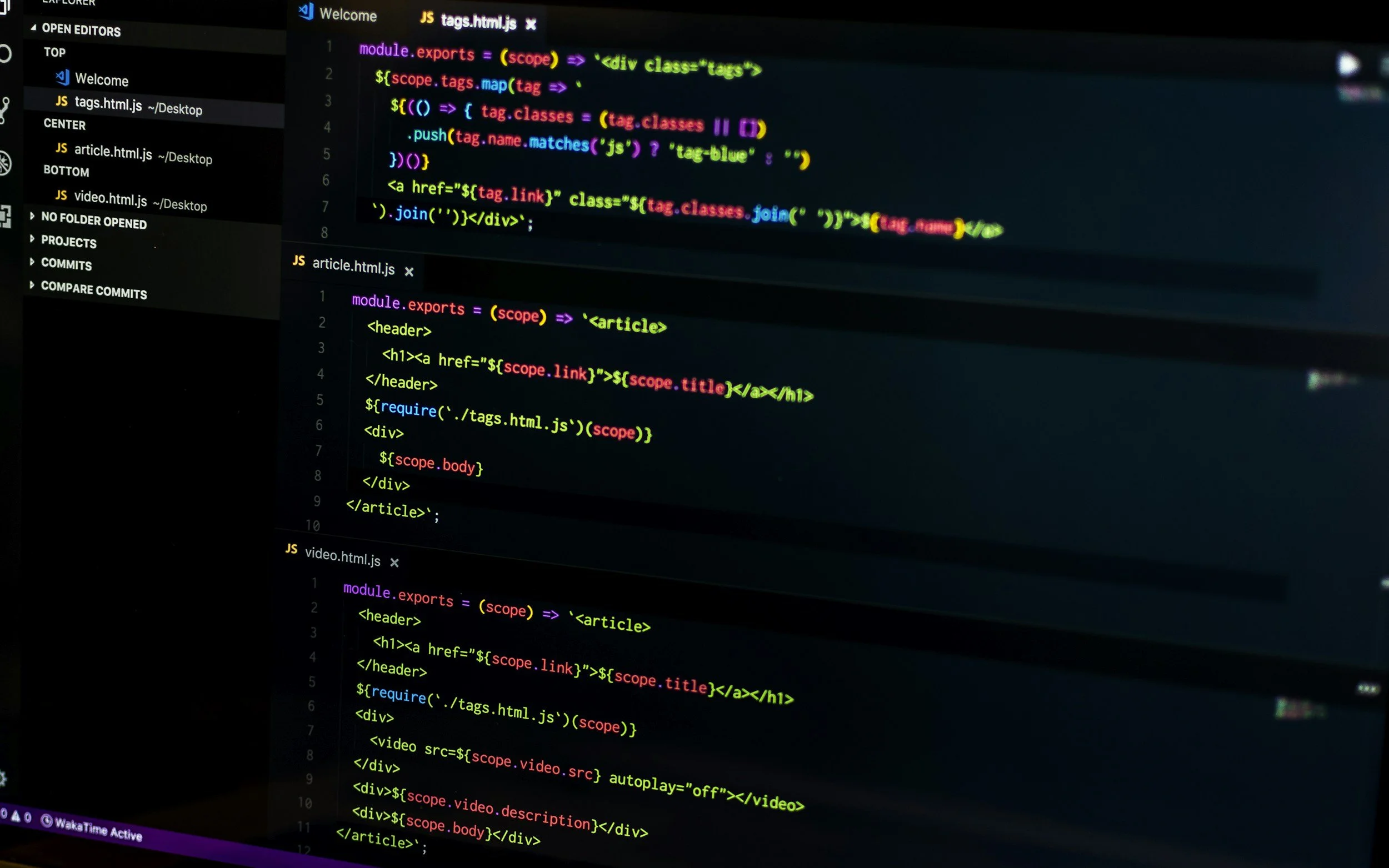 Computer screen displaying HTML and JavaScript code with colorful syntax highlighting, browser file explorer on the left, and a dark background.