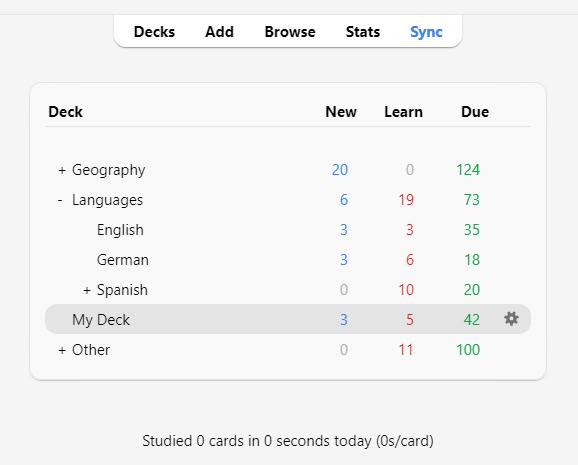 Screenshot of a language learning dashboard showing decks for Geography, Languages, Spanish, and My Deck, with statistics for new, learned, and due cards.