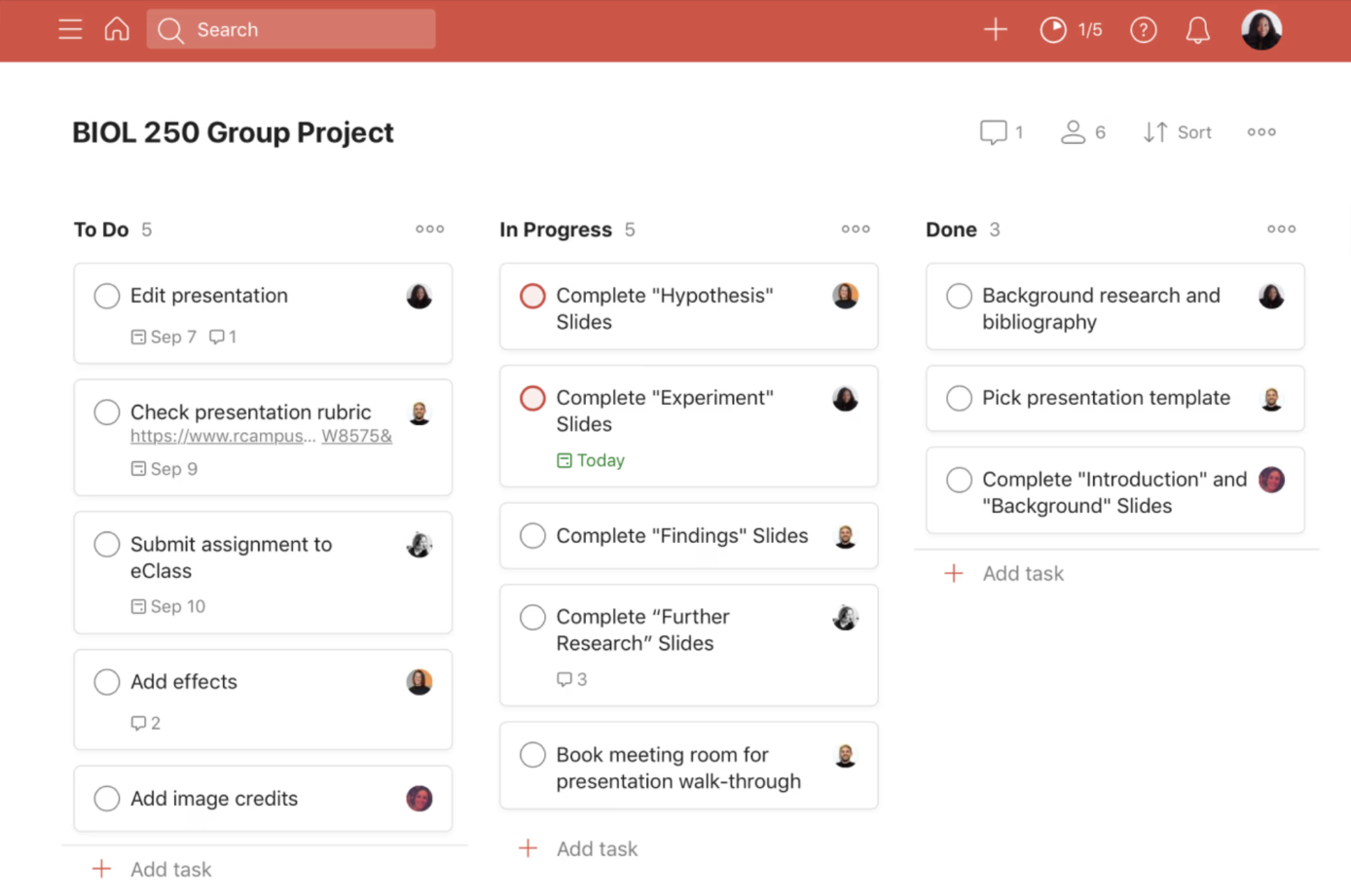 Screenshot of a project management digital workspace titled 'BIOL 250 Group Project.' The workspace is organized into three sections: To Do, In Progress, and Done, each containing multiple tasks related to preparing a presentation and conducting research. The interface shows a red header, search bar, user profile icon, and various control icons at the top.