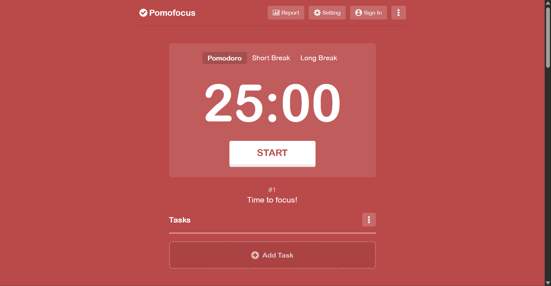 A digital Pomodoro timer on a red background displaying 25 minutes with a start button below, part of a productivity app interface. There are navigation options for report, setting, and sign-in at the top, and tabs for Pomodoro, Short Break, and Long Break.