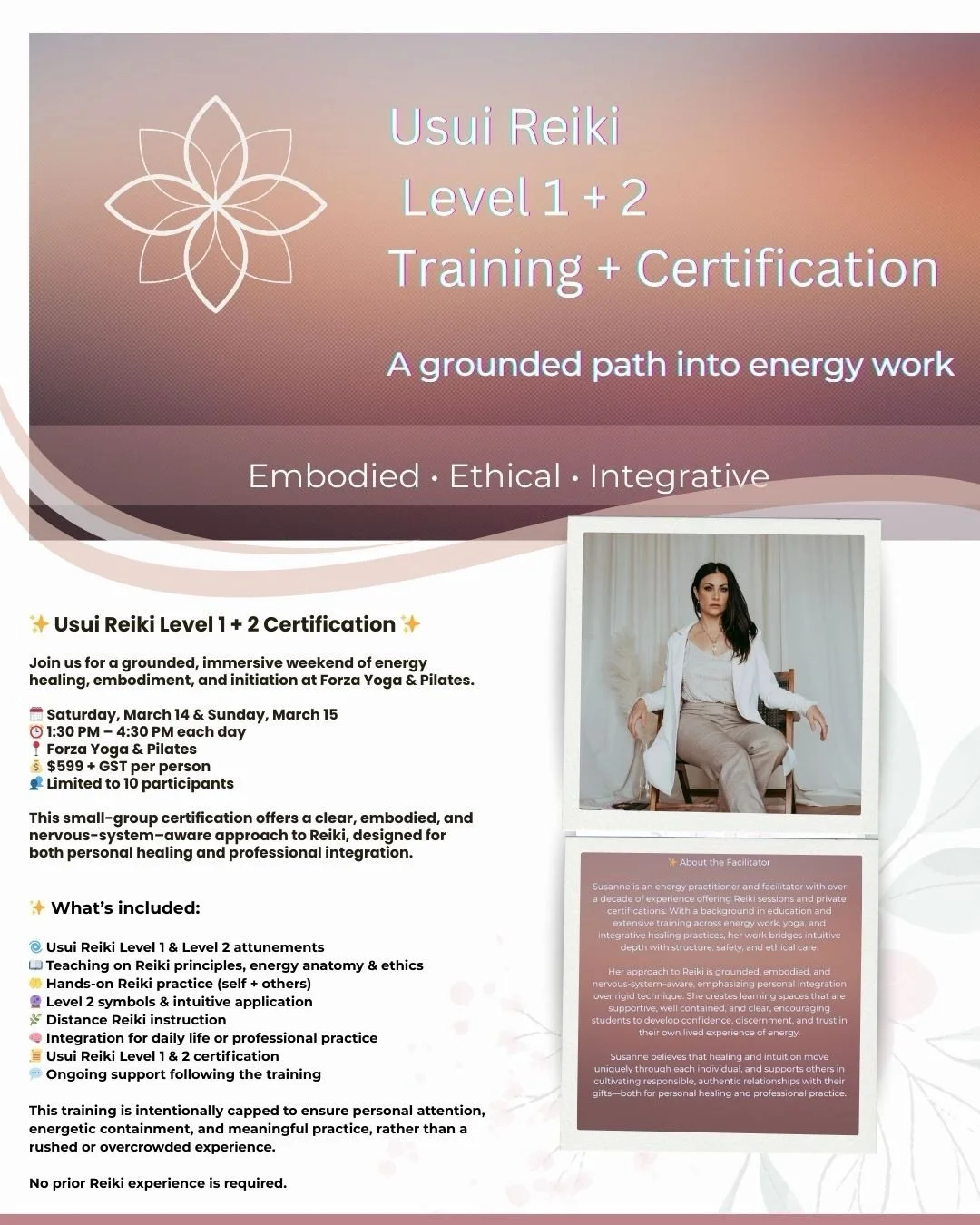 ⸻

✨ Usui Reiki Level 1 + 2 Certification ✨

An intimate, embodied Reiki initiation guided by over a decade of experience in energy work, education, and integrative healing.

This small-group training is designed for depth, discernment, and nervous-s