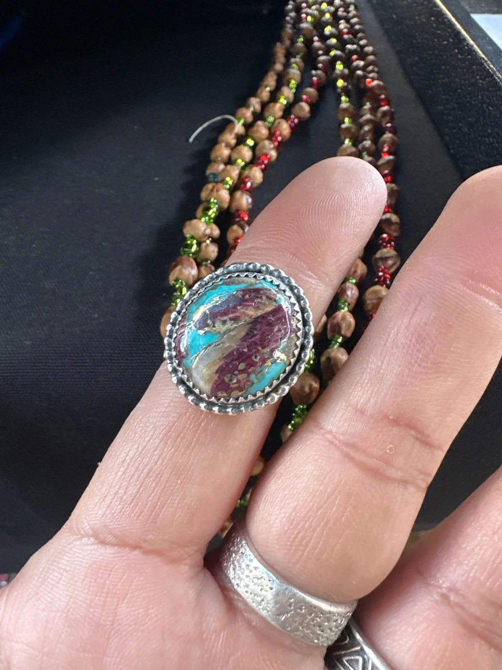 Oval Spiny Oyster Copper Turquoise Sterling Silver Ring | December Birthstone Ring | Multi Colored Turquoise Ring - Gilded Bug Jewelry