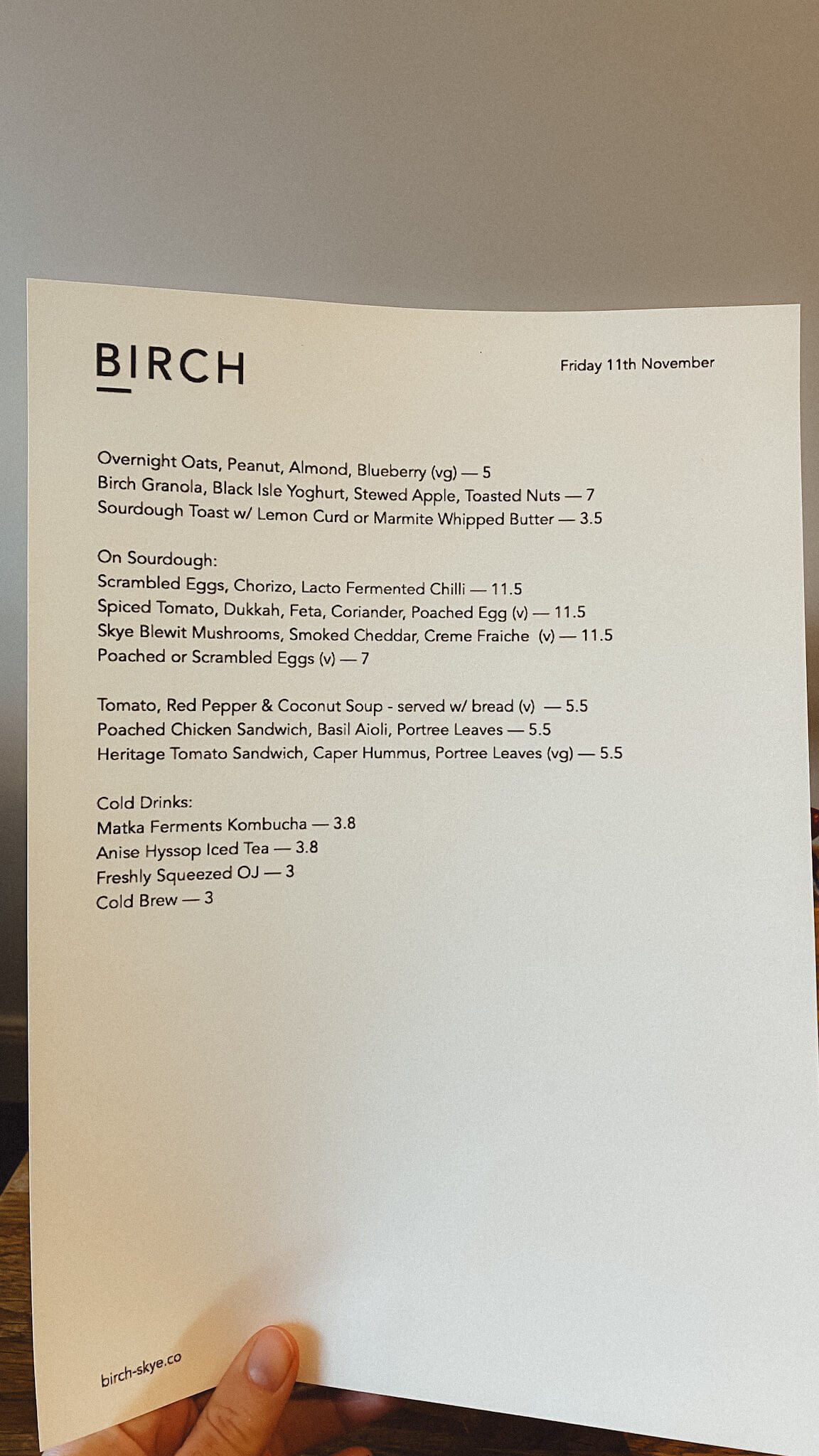 The Birch menu