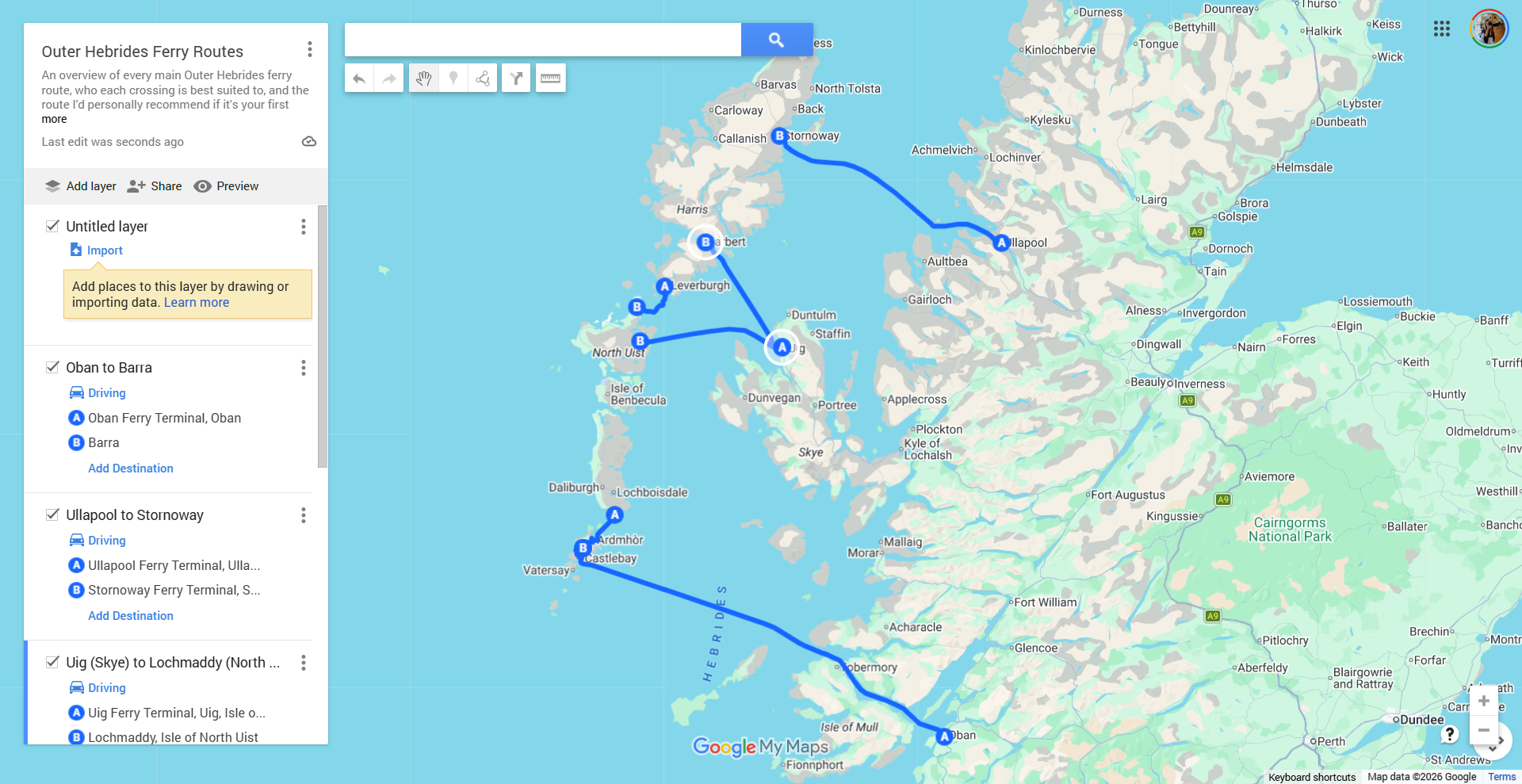 Outer Hebrides ferry routes plotted on a map