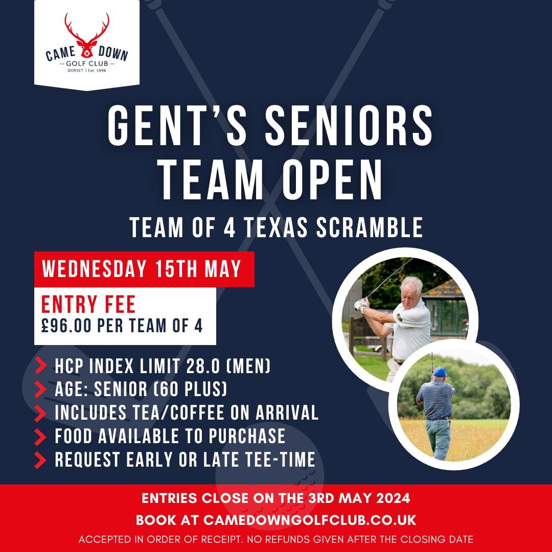 ⛳️ CALLING ALL GENT SENIOR GOLFERS ⛳️ Entries are now open for our Gent&rsquo;s Seniors Team Open at Came Down Golf Club and we&rsquo;d love to welcome you! 

✔Team of 4 Texas scramble 
✔Hcp index limit 28.0 (men)
✔Age: senior (60 plus)
✔Includes tea