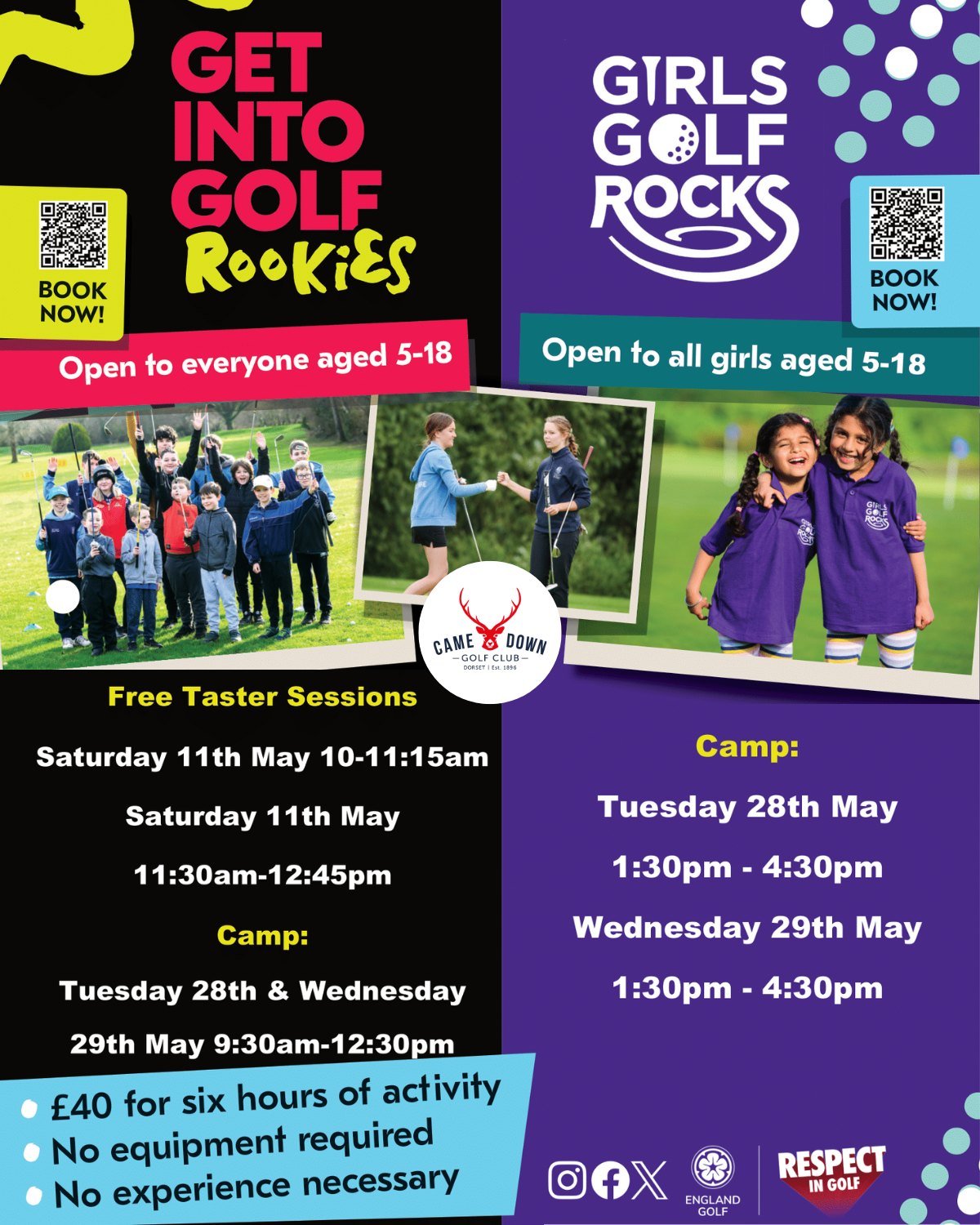 Came Down Golf Club are delighted to be hosting two @england.golf junior coaching initiatives during the May Half Term - @girlsgolfrocks1 and @get.into.golf  Rookies suitable for children aged between 5 and 17! No experience or equipment is necessary
