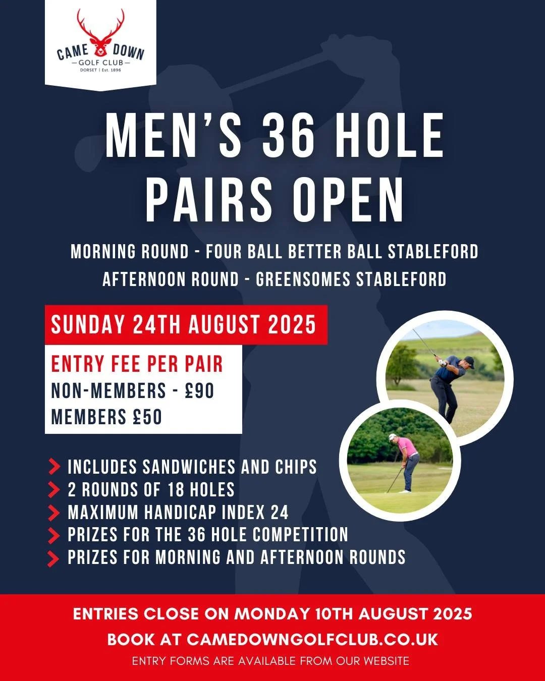 ⛳️ Men&rsquo;s 36 Hole Pairs Open &ndash; Final Call ⛳️ There are a few spaces remaining for our Men&rsquo;s 36 Hole Pairs Open &ndash; and entries close on 10th August 2025, so don&rsquo;t miss your chance to take part!

Join golfers from across Dor