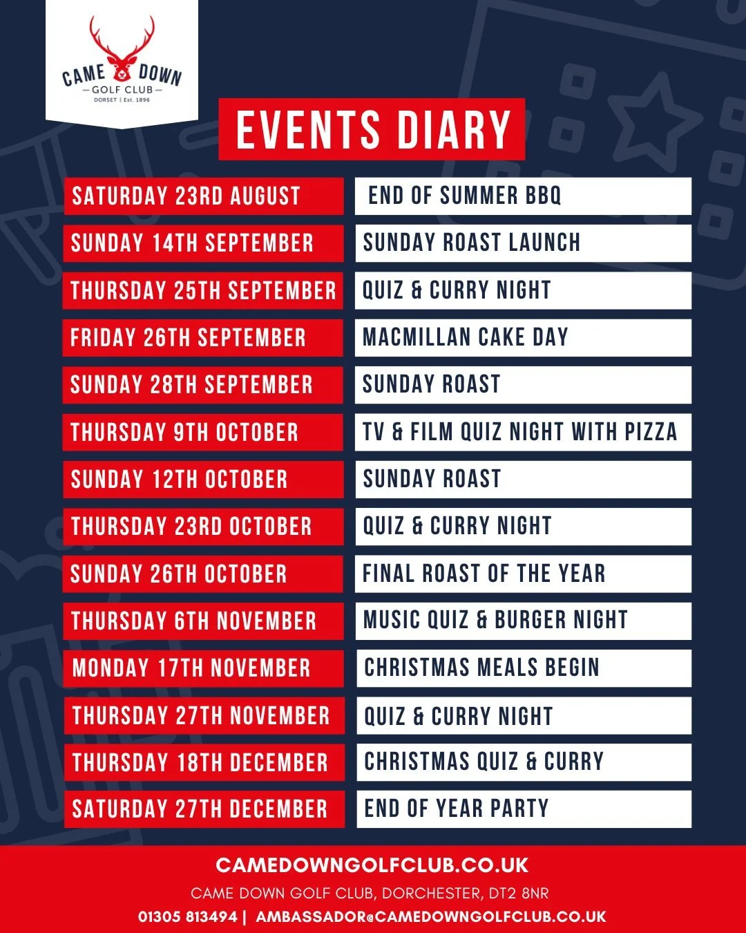 🎉 Events Coming Up at Came Down Golf Club 🎉

Our clubhouse is the place to be this season &ndash; and everyone&rsquo;s welcome! Whether you&rsquo;re a member, friend, family, or non-member, we&rsquo;d love to see you at one (or more!) of our upcomi