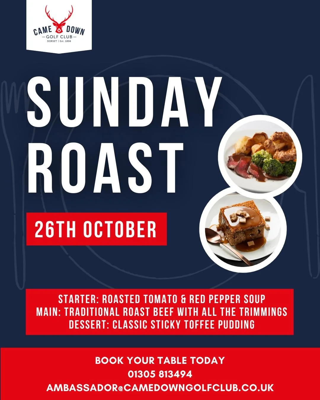 🍽️ Sunday Roast at Came Down Golf Club – 26th October | 12pm–3pm 🍽️ This is your friendly reminder to book your table for our next Sunday Roast - a delicious meal you won’t want to miss!
Menu for the day:
🥣 Starter: Roasted Toma