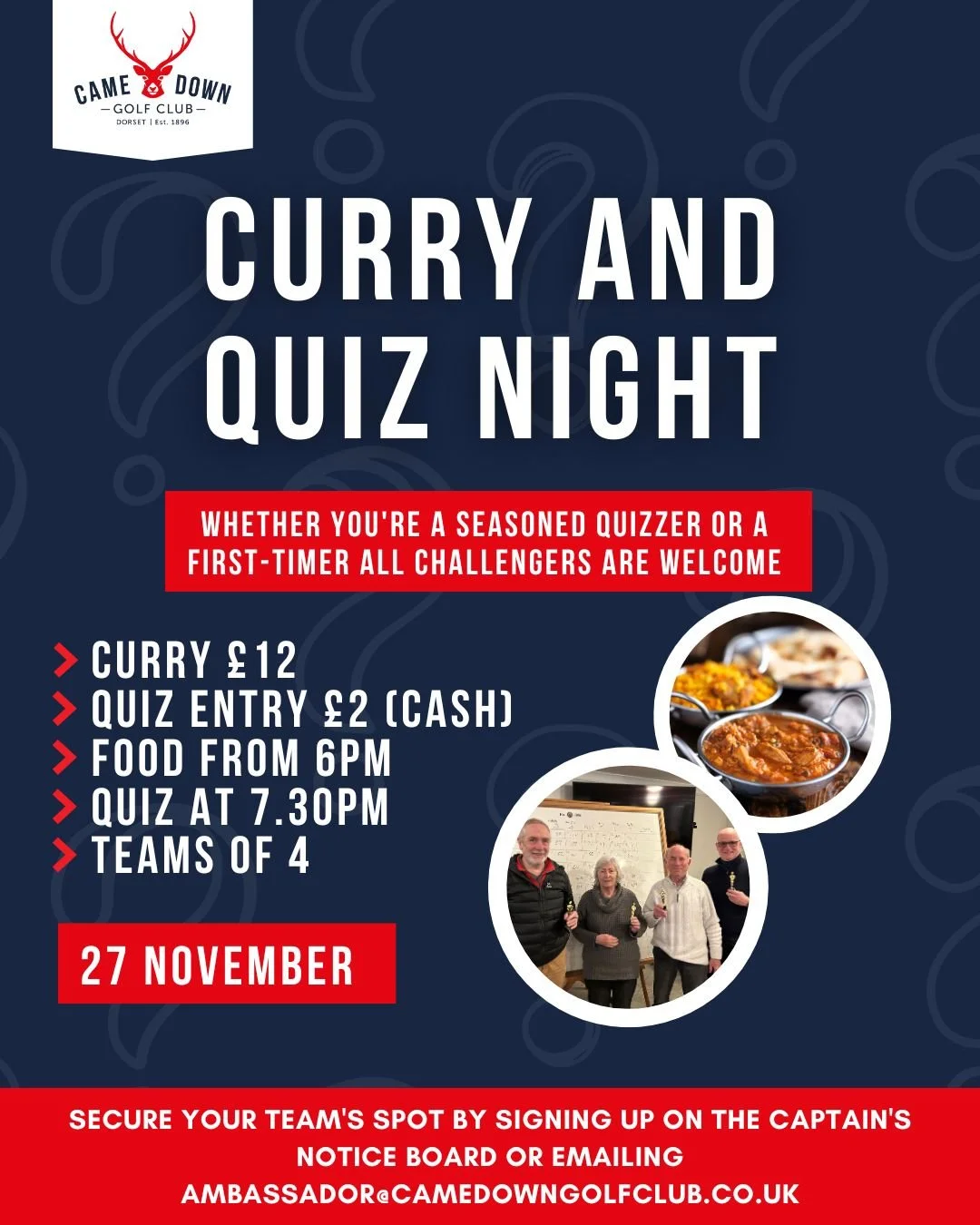 🧠🍛 Quiz &amp; Curry Night 🍛🧠 Our next Quiz and Curry Night at Came Down Golf Club is on Thursday 27th November!

Gather your team, test your trivia knowledge, and enjoy a delicious curry in great company 🌟

📋 The sign-up sheet is now on the cap