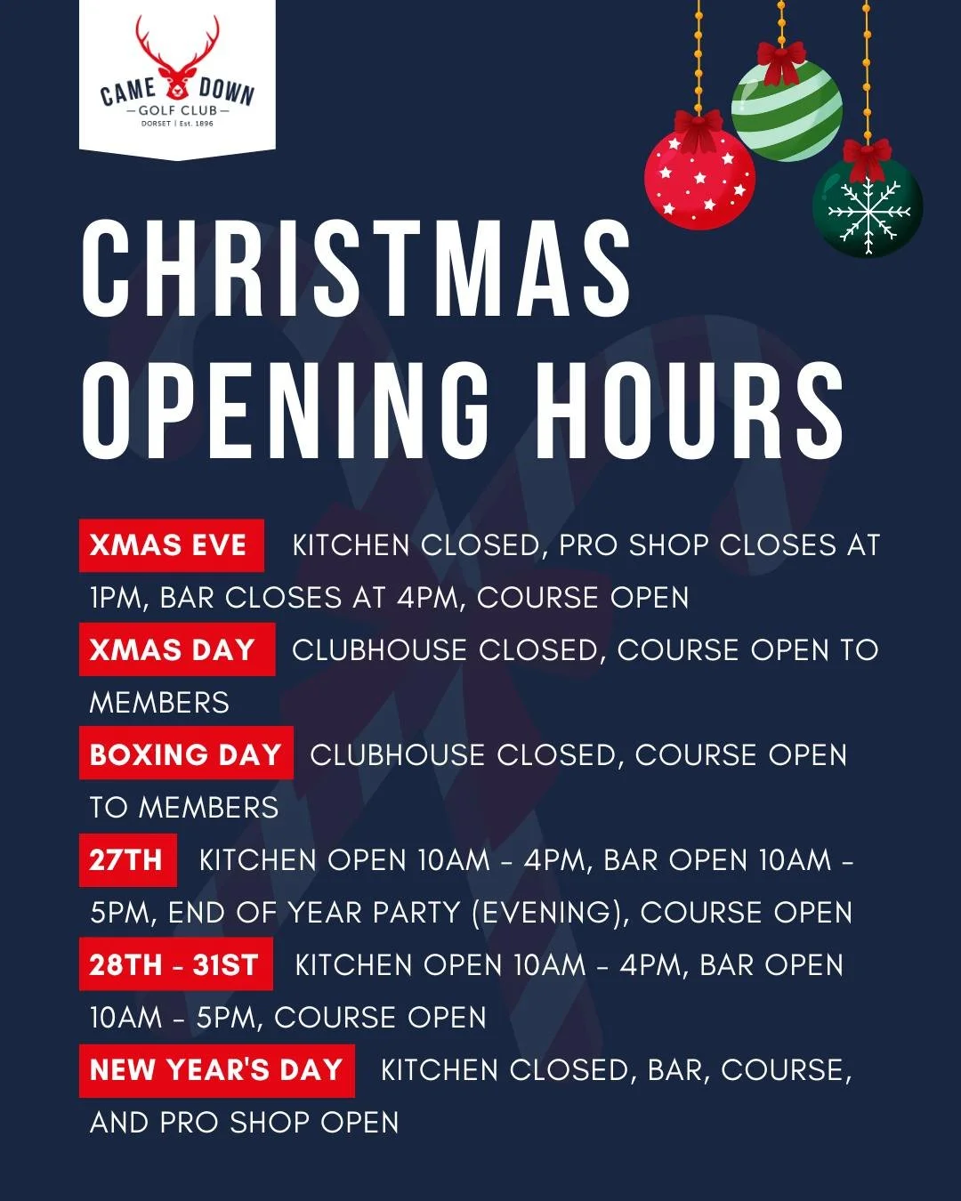 🎄 Christmas &amp; New Year Opening Hours 2025 🎄

Xmas Eve
✨Kitchen closed
✨Pro Shop closes at 1pm
✨Bar open until 4pm
✨Course open 

Xmas Day &amp; Boxing Day 
✨Clubhouse closed
✨Course open to members

Friday 27th December
✨Kitchen 10am &ndash; 4p