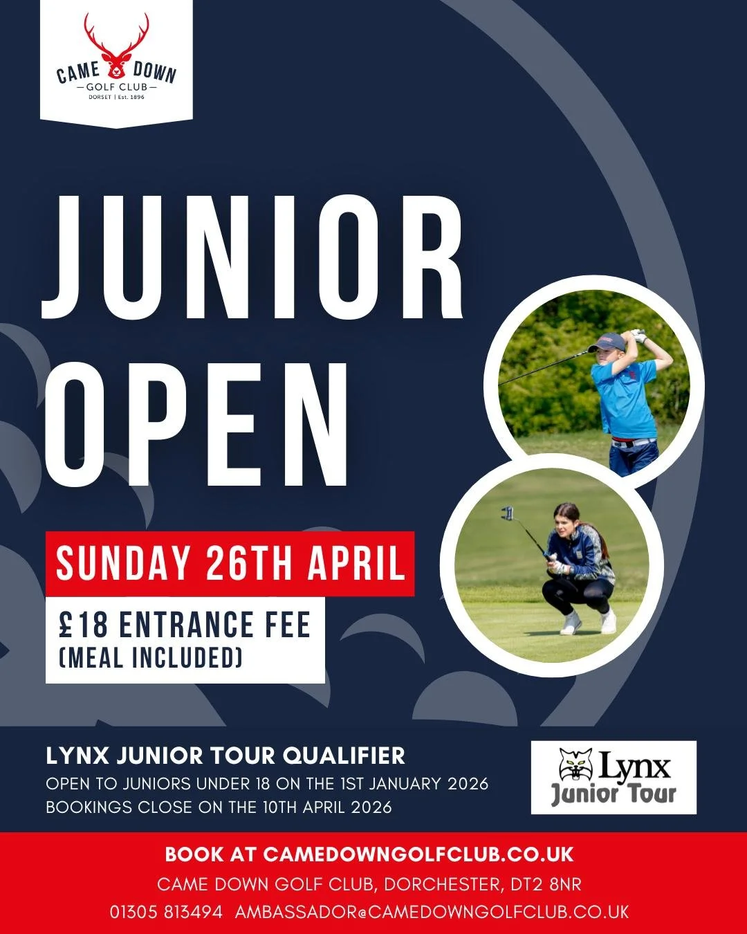 📅 ENTRIES NOW OPEN 📅Came Down Golf Club Junior Open
🗓 Sunday 26th April 2026

Entries are now open for our Junior Open, which will once again be a LYNX 
Junior Tour Qualifier 🏆⛳

We&rsquo;re looking forward to welcoming the best junior golfers fr