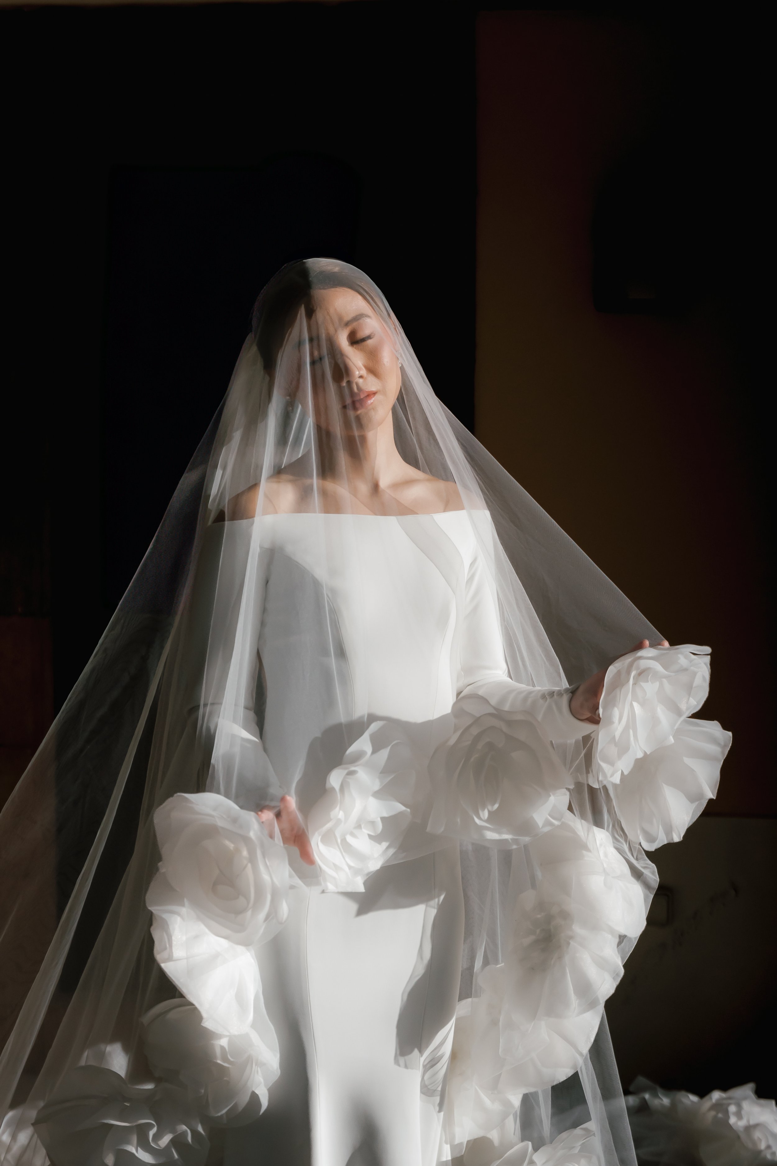 A woman in a white wedding dress with a long veil, standing against a dark background.