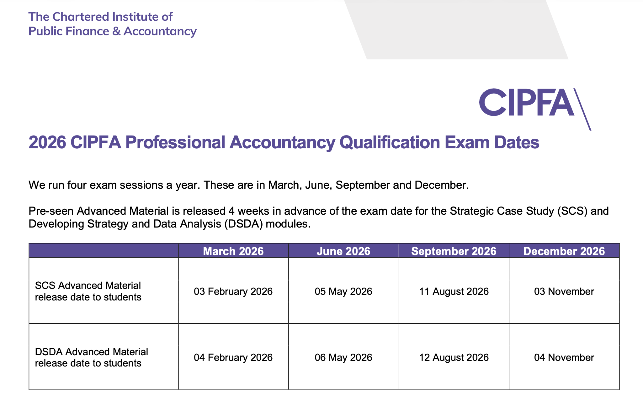 Exam dates 2026